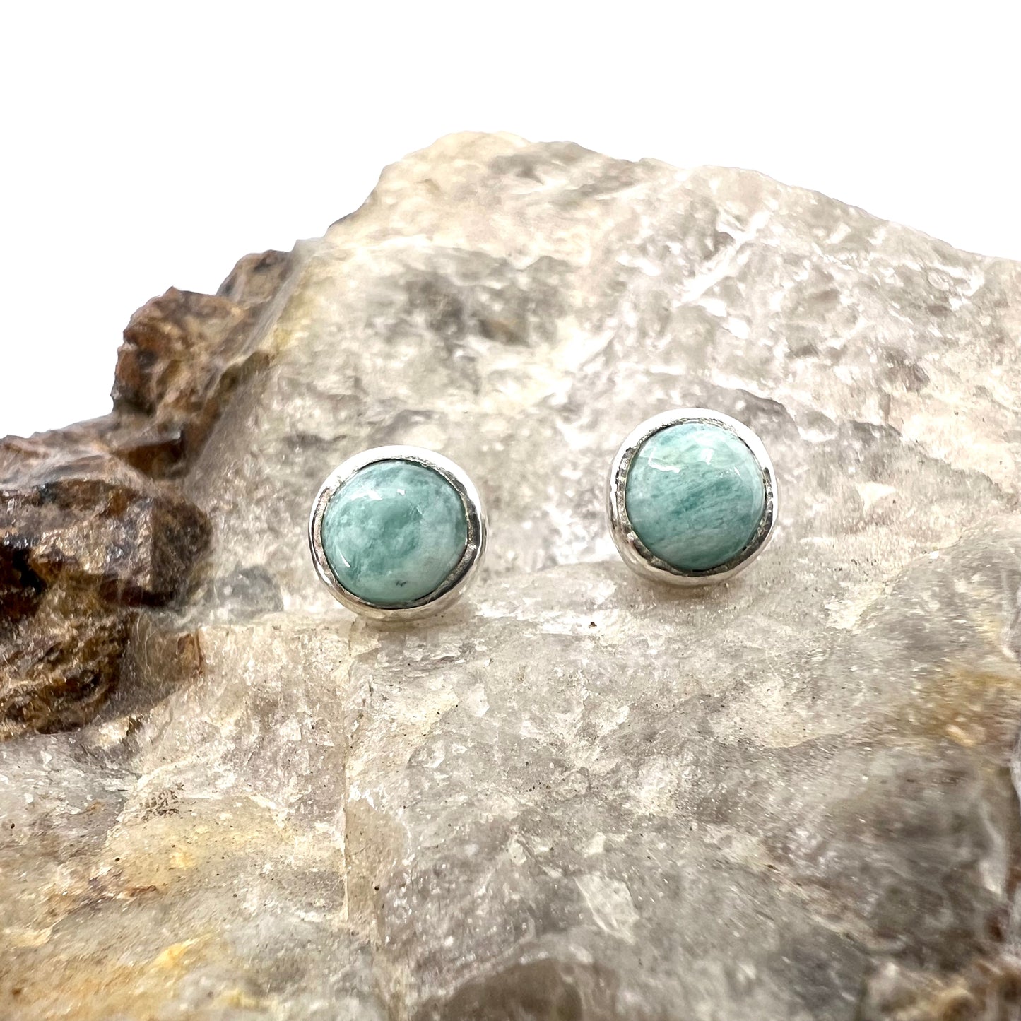 Amazonite Stud Earrings, Silver Plated - Copper Electroformed