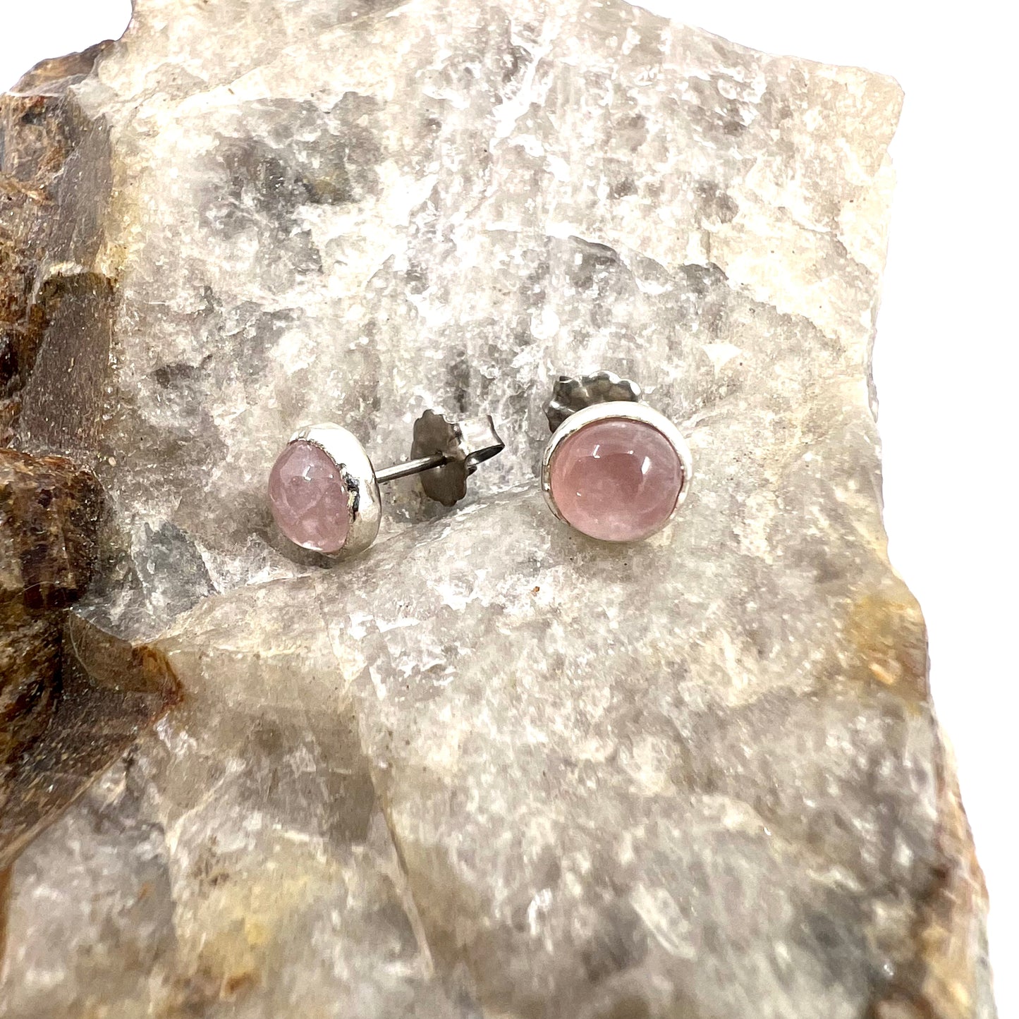 Rose Quartz Stud Earrings, Silver Plated - Copper Electroformed