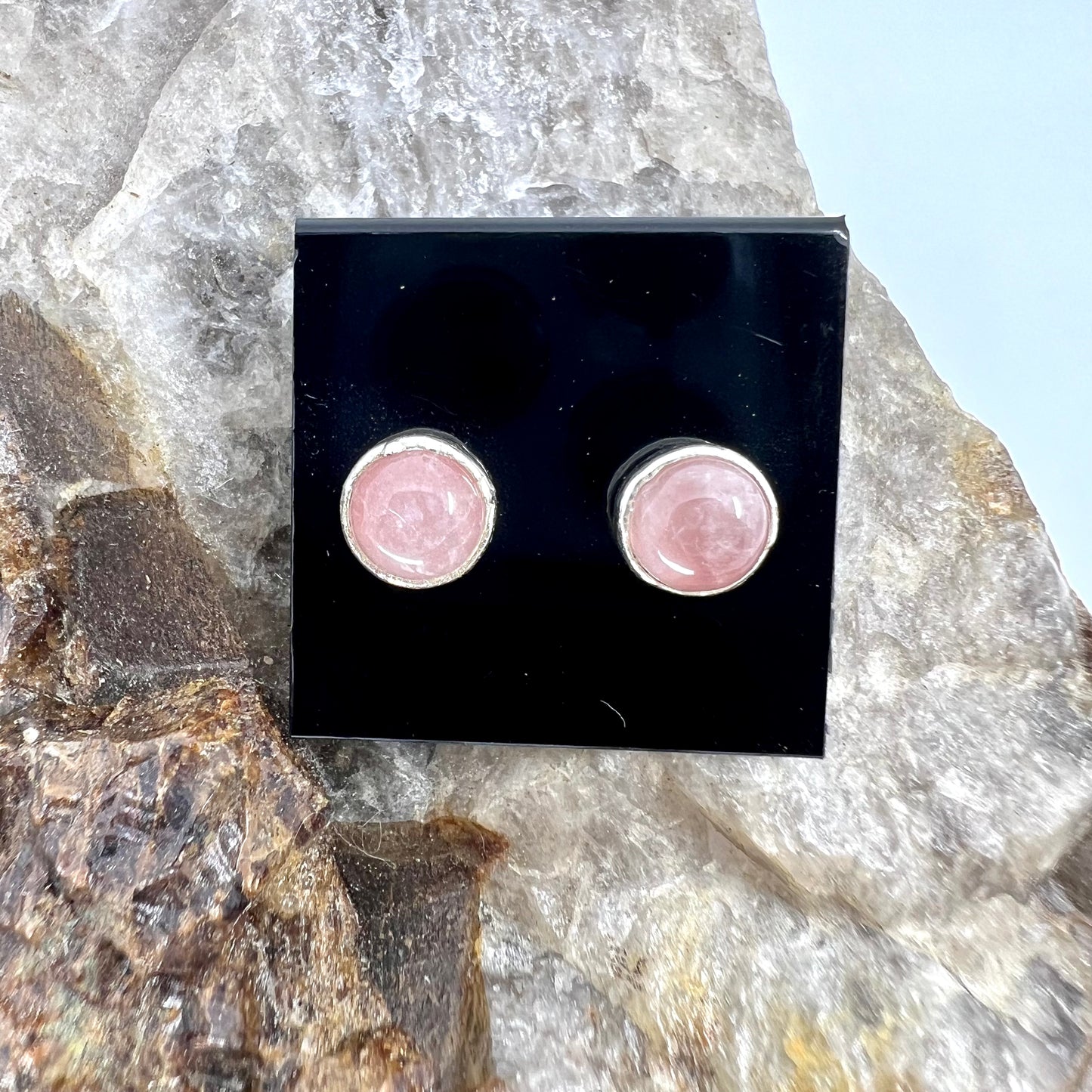 Rose Quartz Stud Earrings, Silver Plated - Copper Electroformed