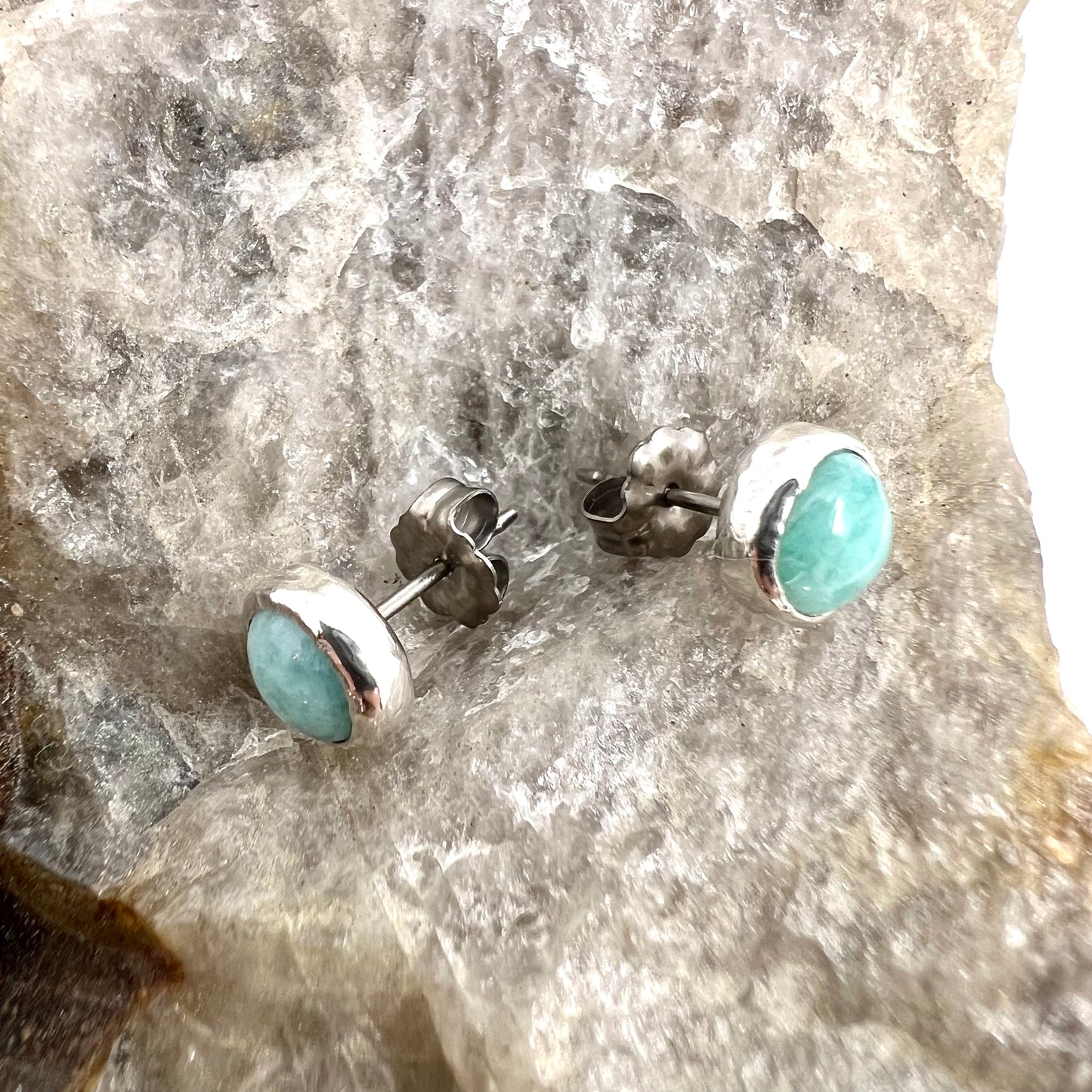 Amazonite Stud Earrings, Silver Plated - Copper Electroformed