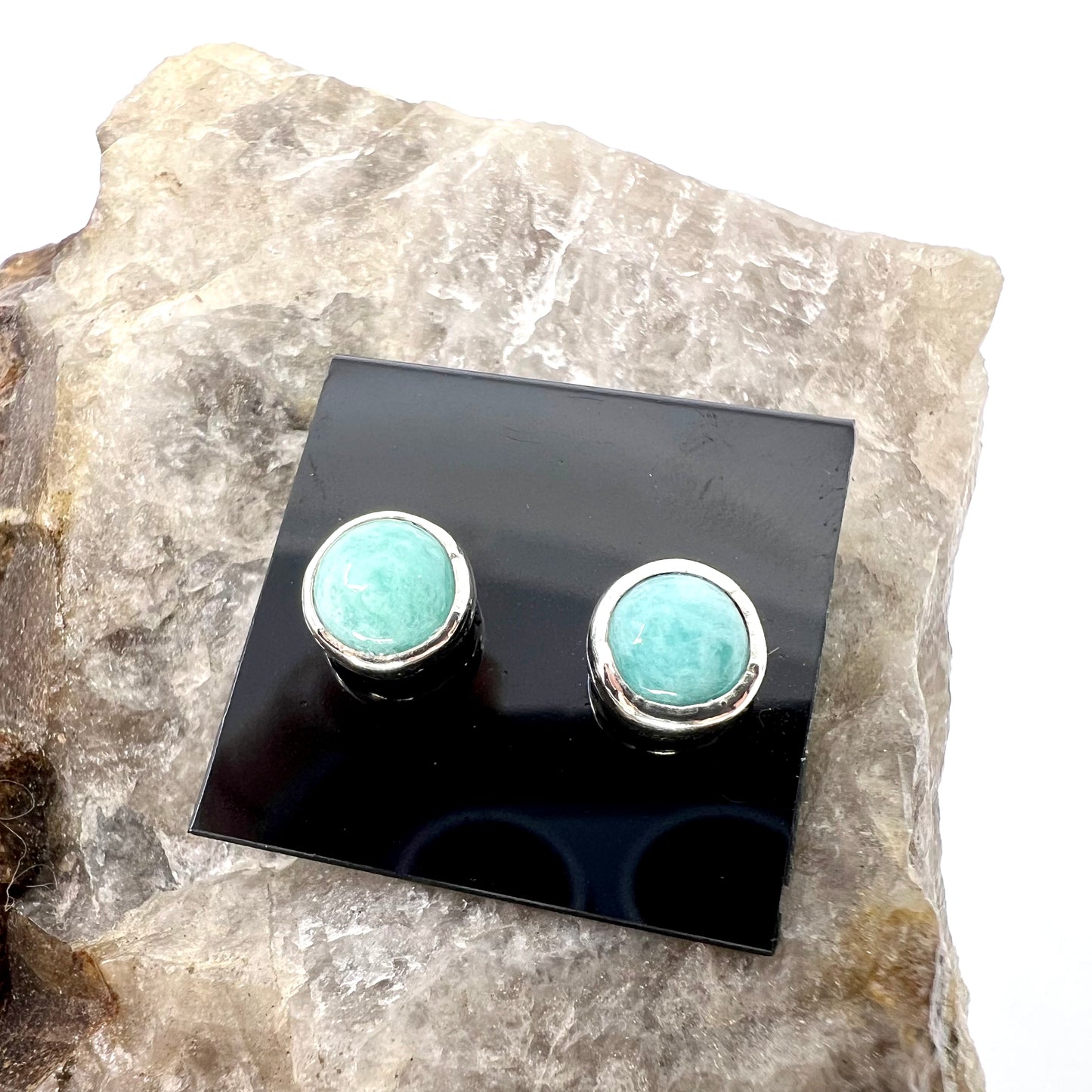 Amazonite Stud Earrings, Silver Plated - Copper Electroformed