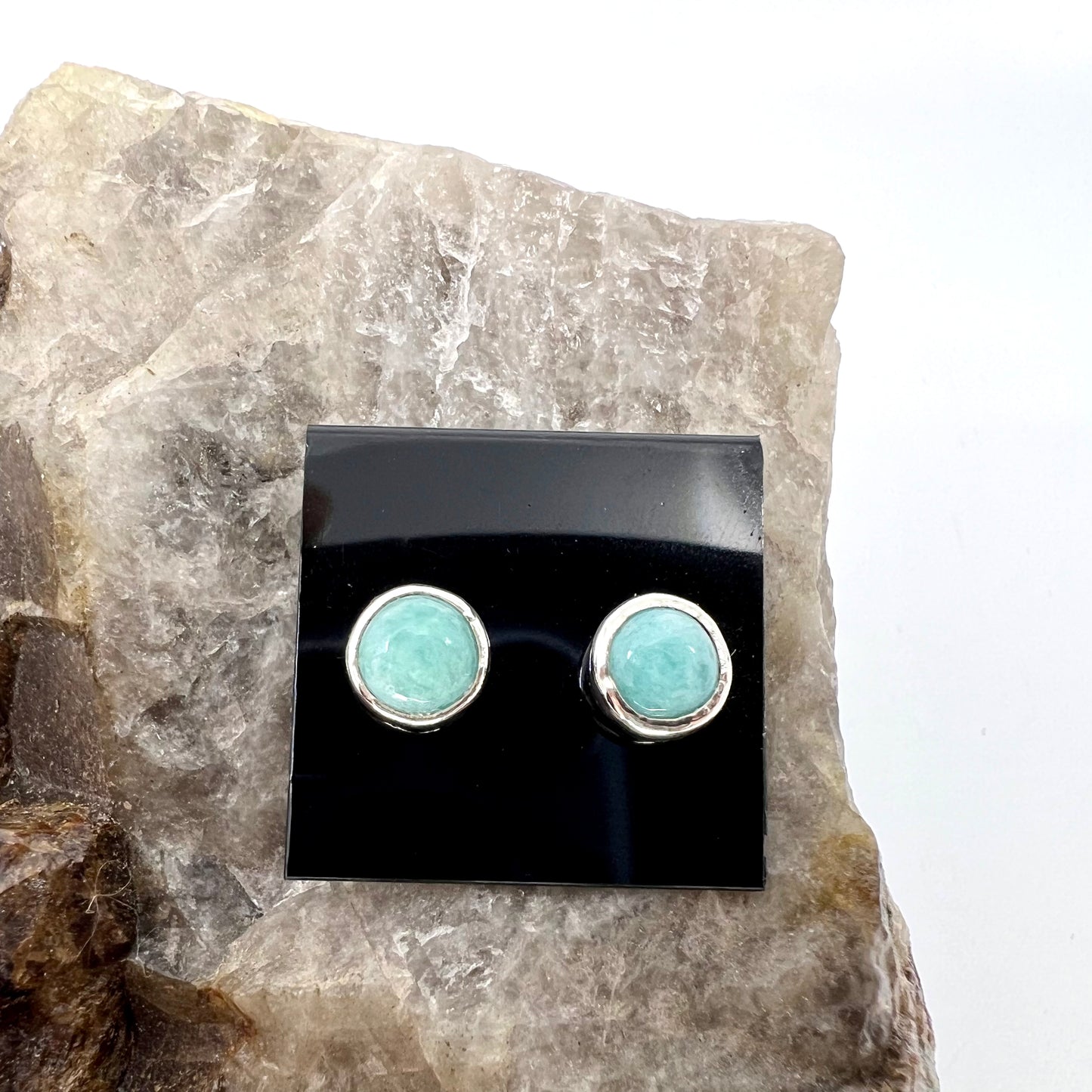 Amazonite Stud Earrings, Silver Plated - Copper Electroformed