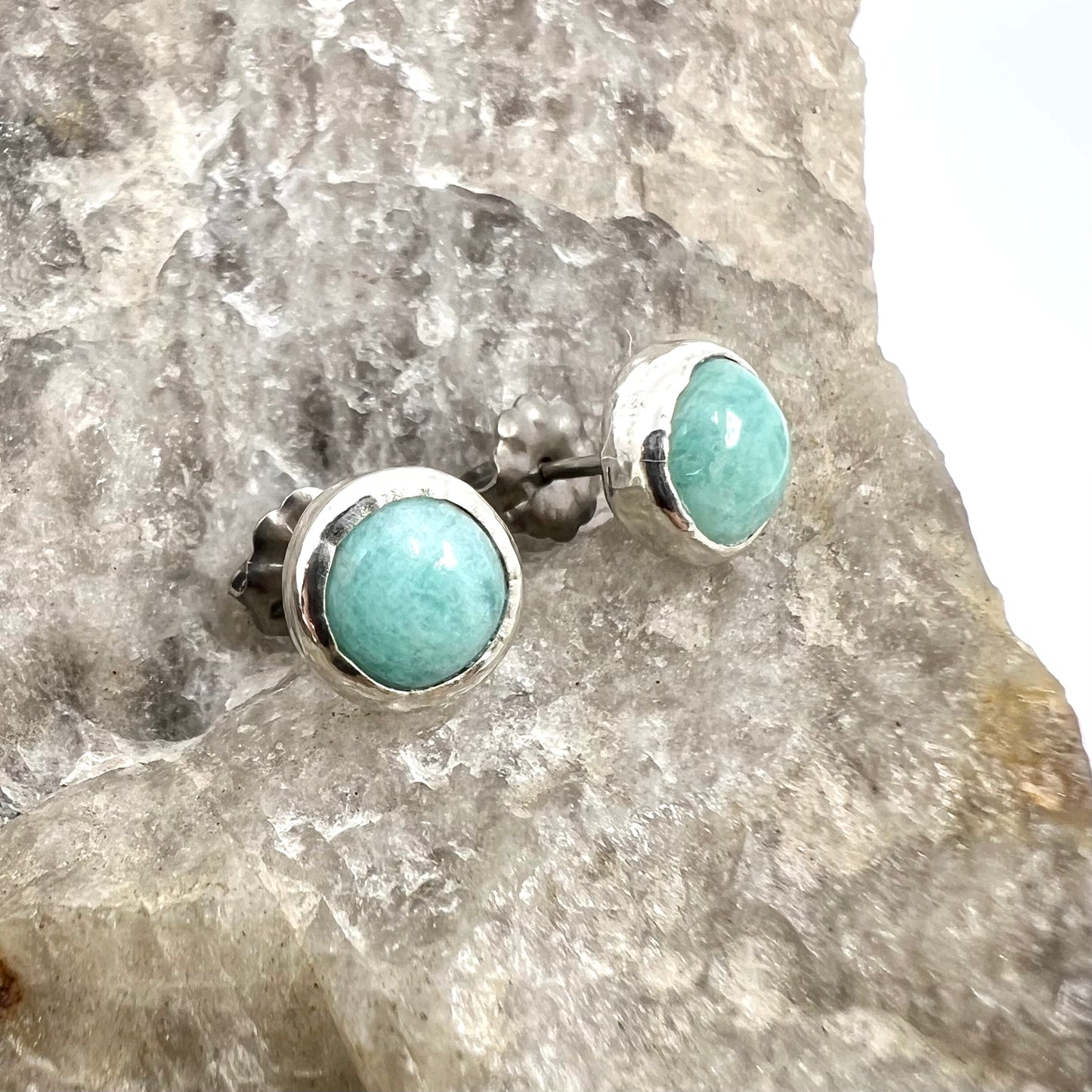 Amazonite Stud Earrings, Silver Plated - Copper Electroformed