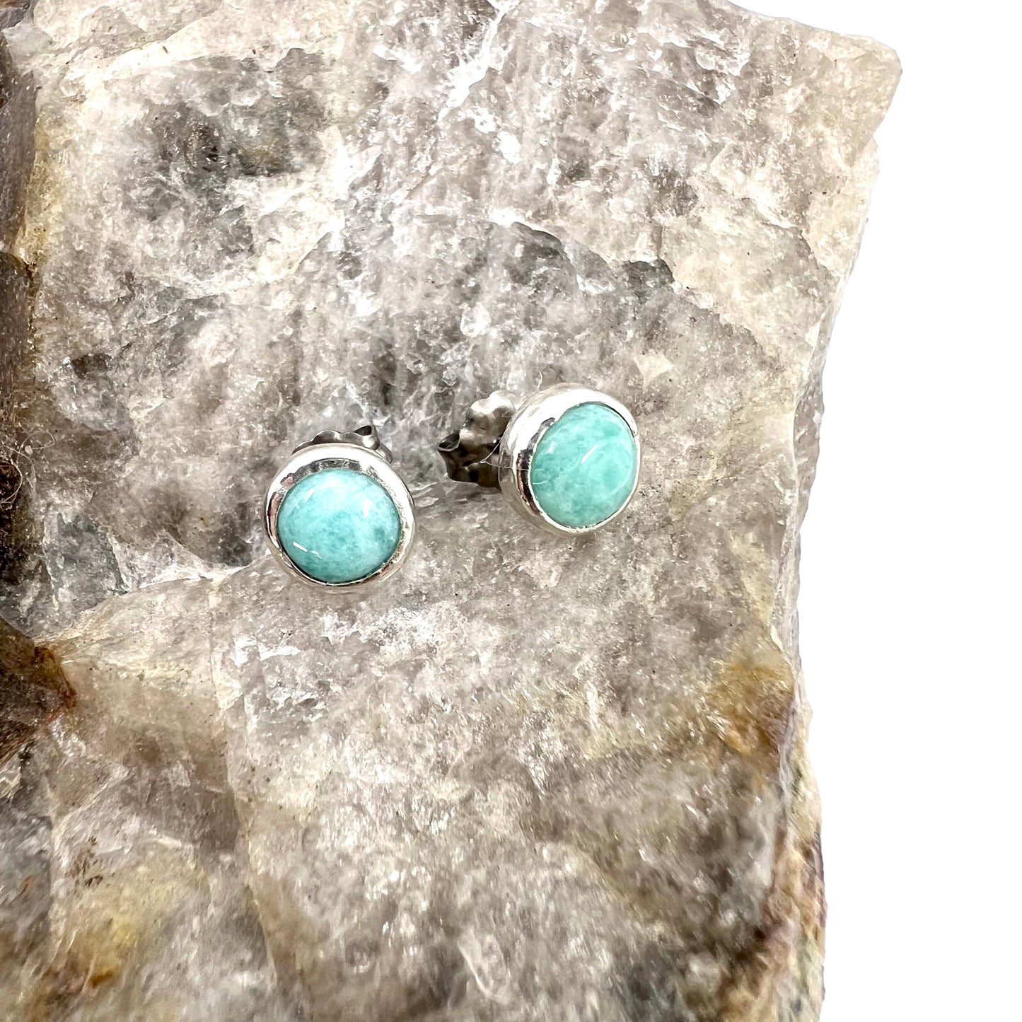 Amazonite Stud Earrings, Silver Plated - Copper Electroformed