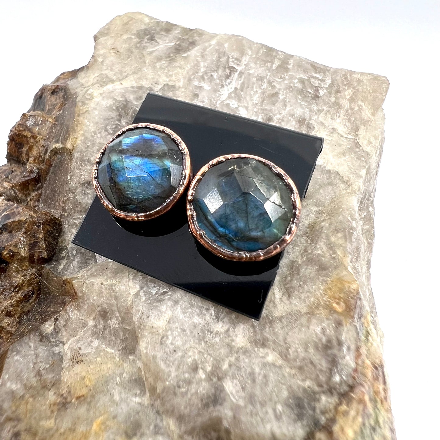 Labradorite Stud Earrings, Antique Finish - Copper Electroformed