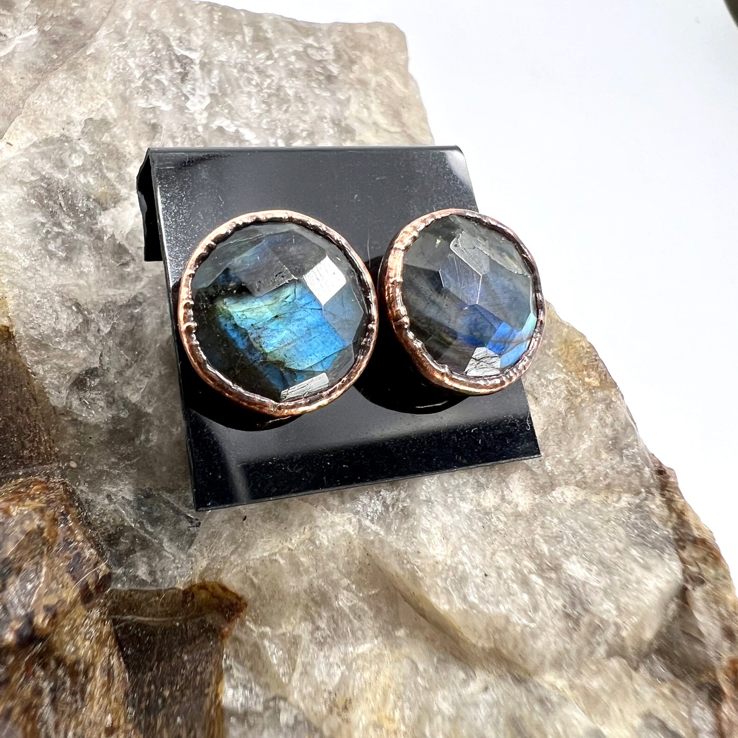 Labradorite Stud Earrings, Antique Finish - Copper Electroformed