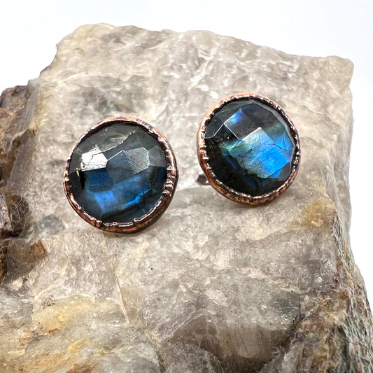 Labradorite Stud Earrings, Antique Finish - Copper Electroformed