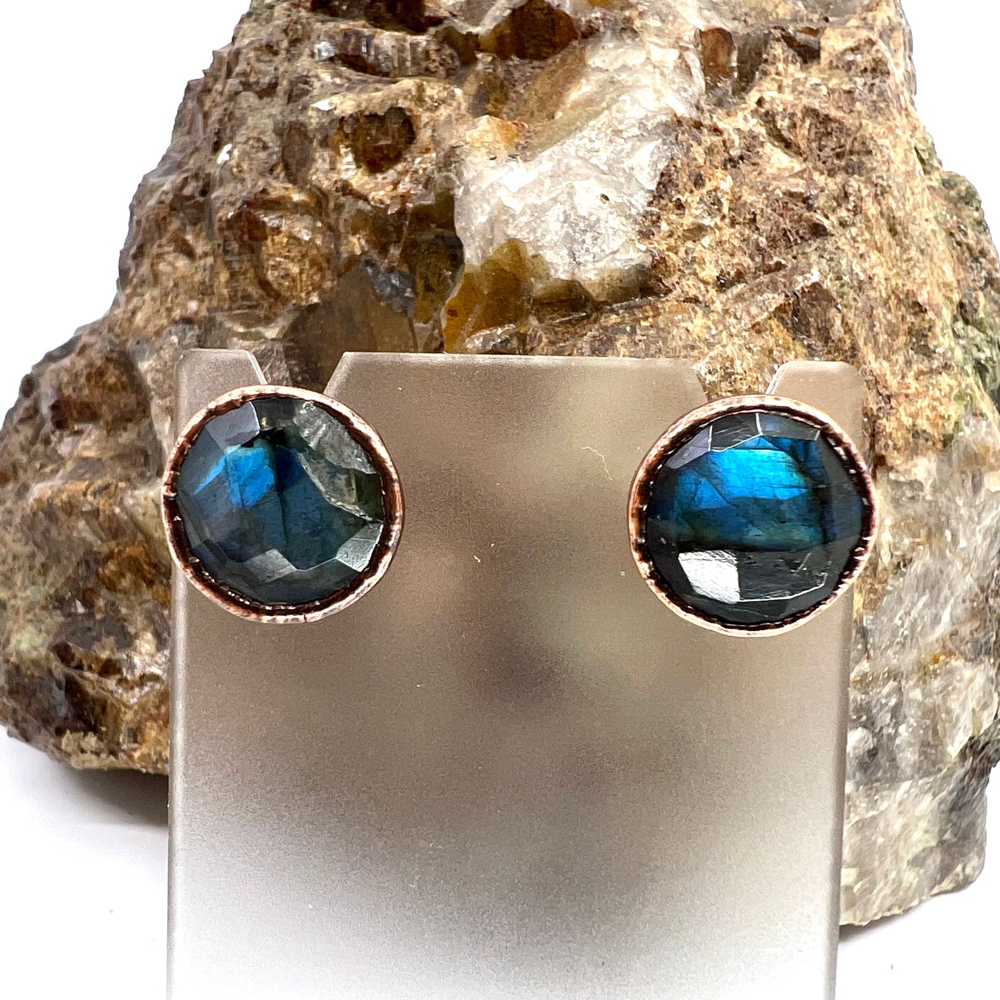 Labradorite Stud Earrings, Antique Finish - Copper Electroformed