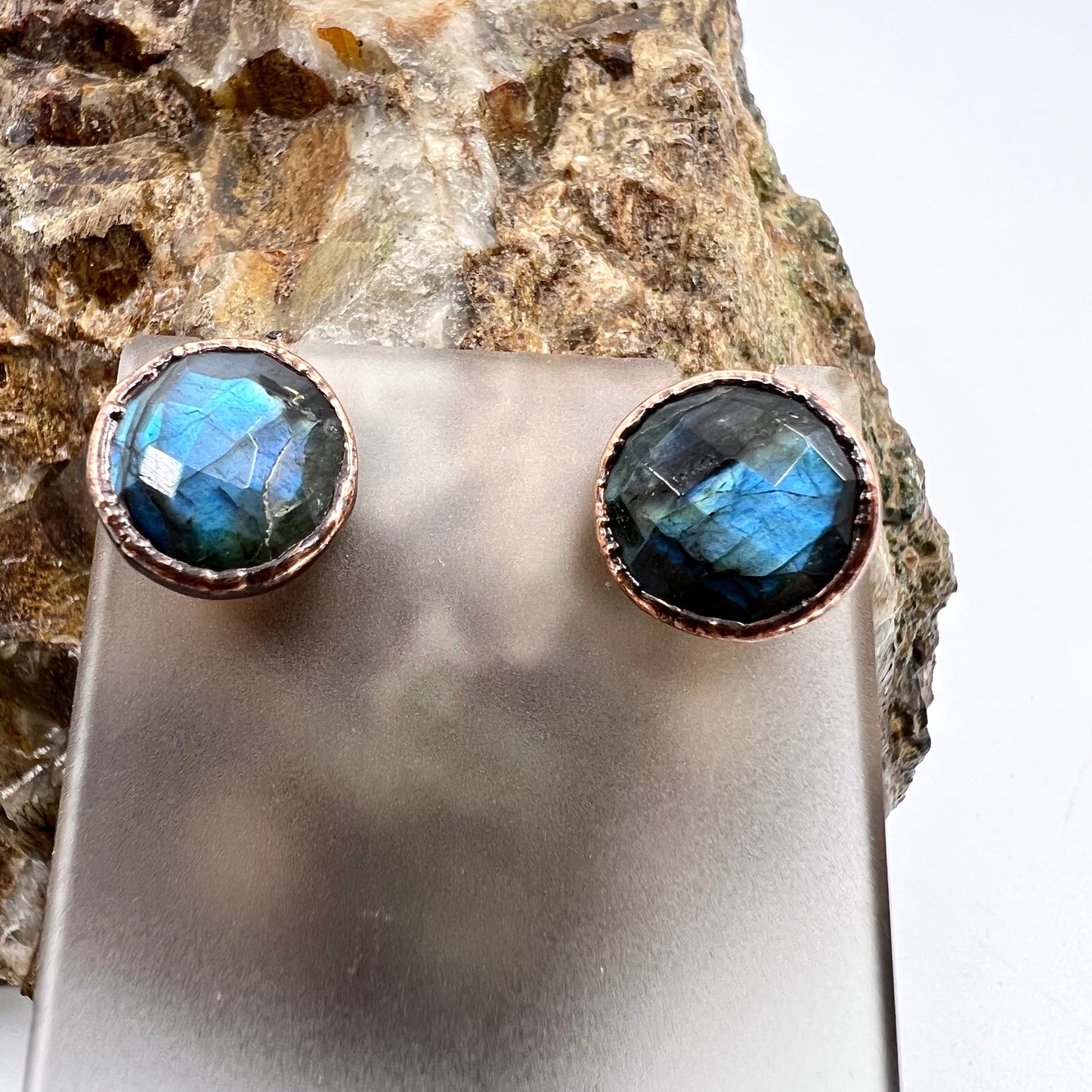 Labradorite Stud Earrings, Antique Finish - Copper Electroformed