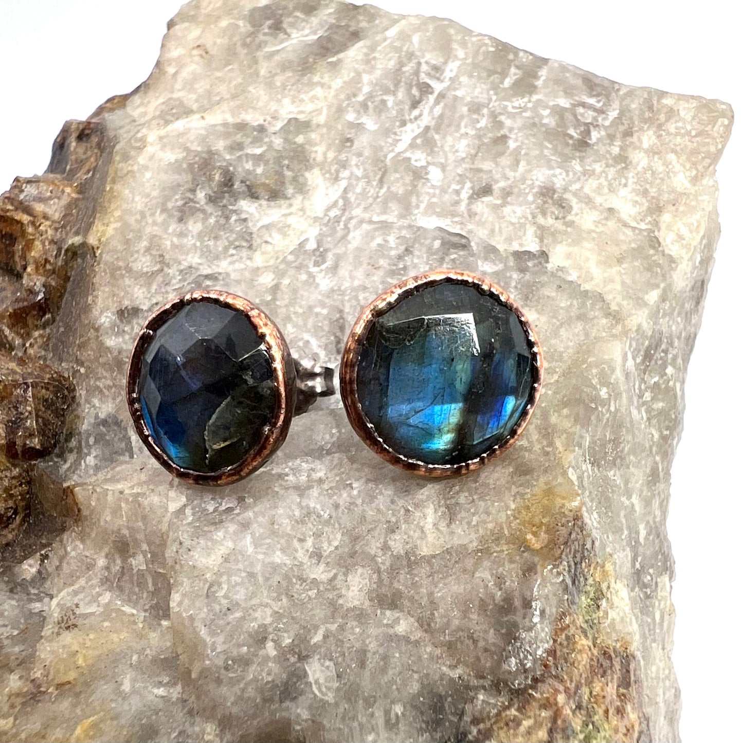 Labradorite Stud Earrings, Antique Finish - Copper Electroformed