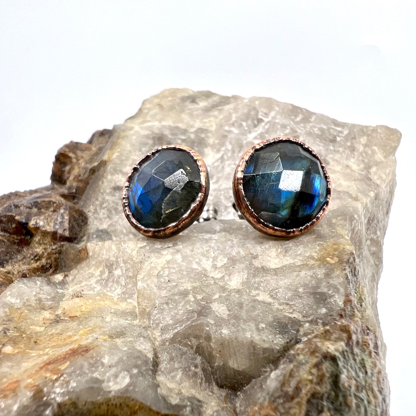 Labradorite Stud Earrings, Antique Finish - Copper Electroformed