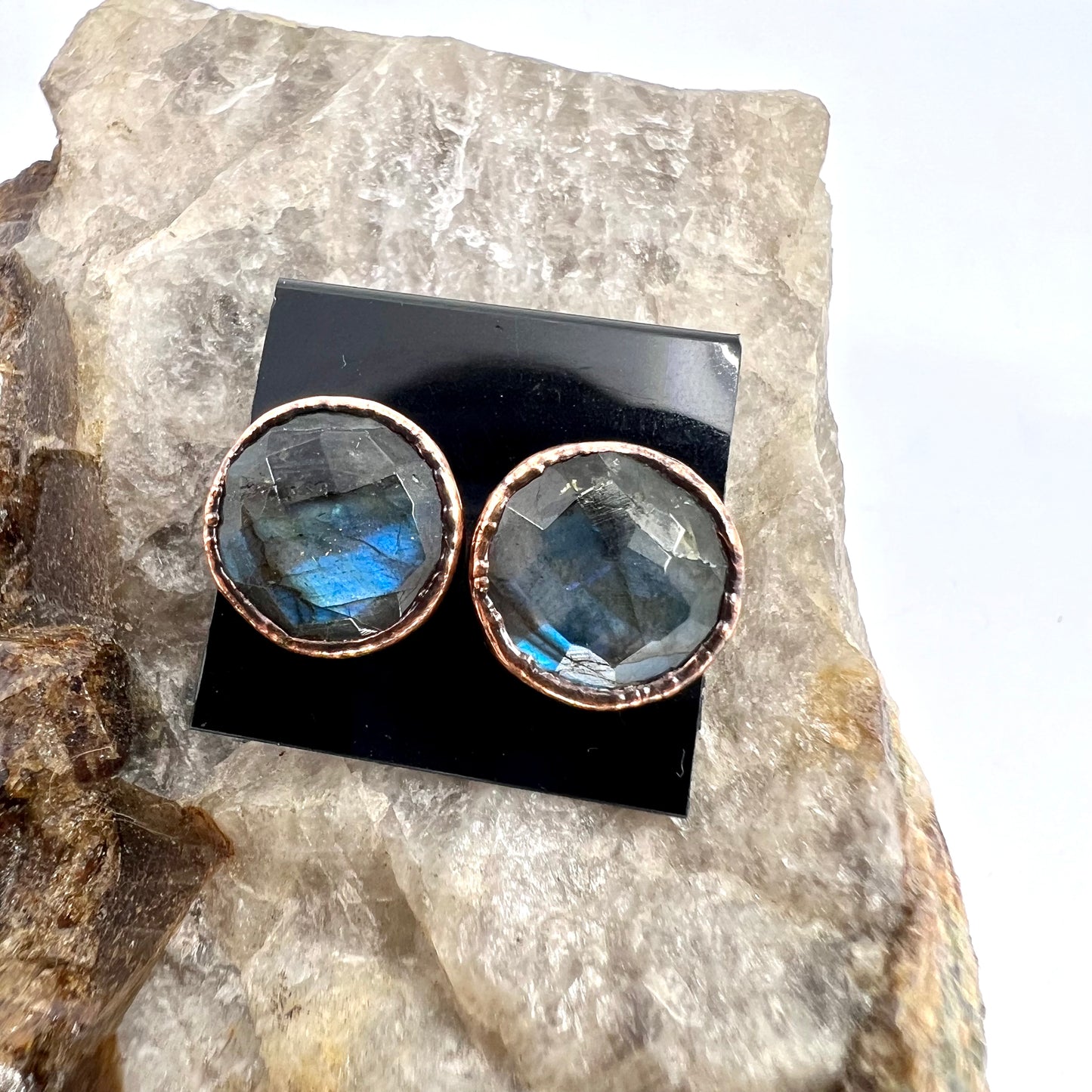 Labradorite Stud Earrings, Antique Finish - Copper Electroformed