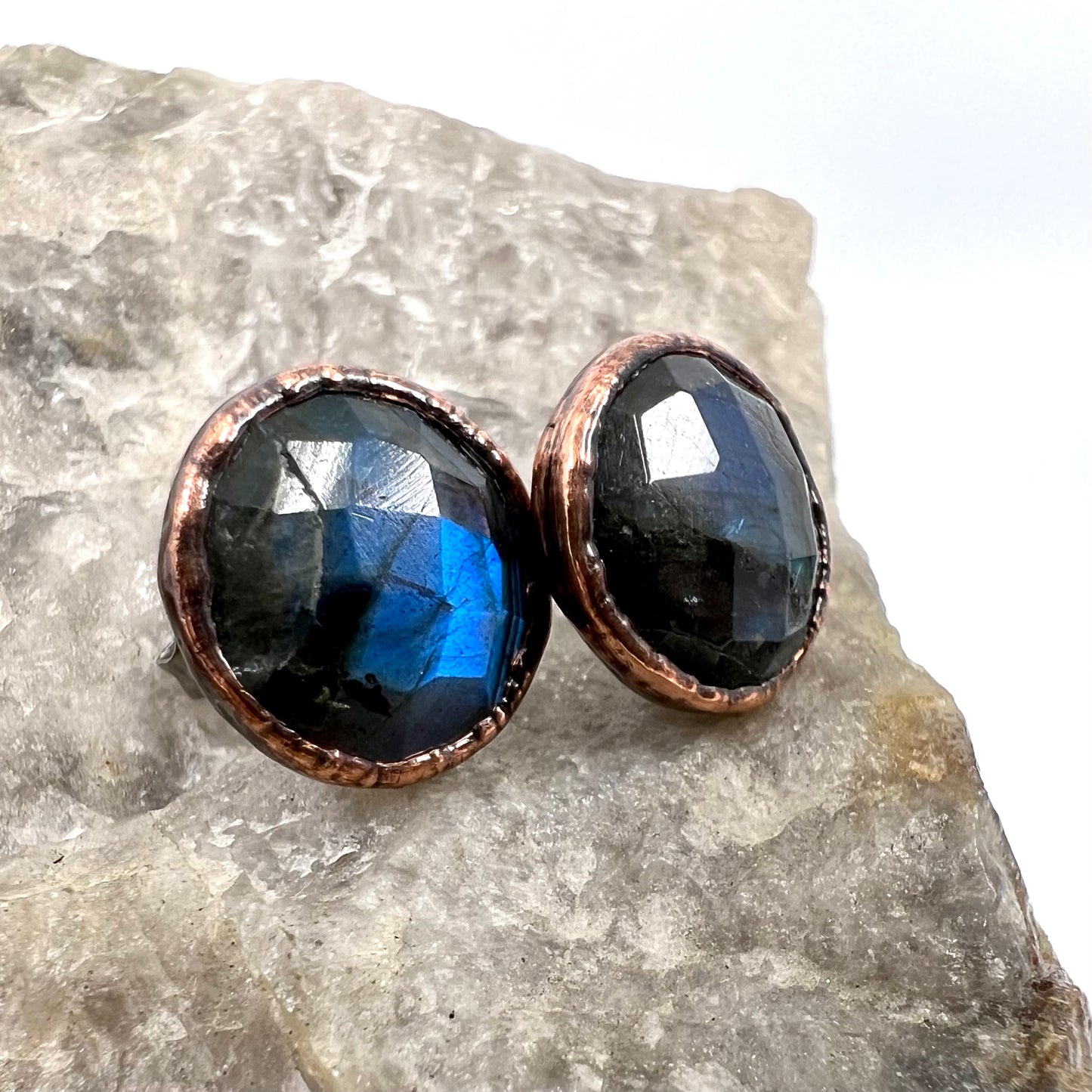 Labradorite Stud Earrings, Antique Finish - Copper Electroformed