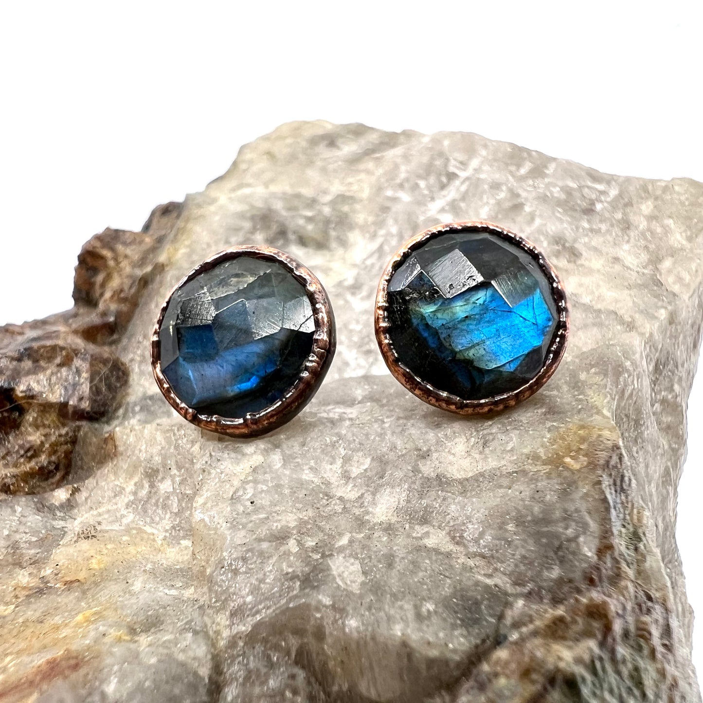 Labradorite Stud Earrings, Antique Finish - Copper Electroformed