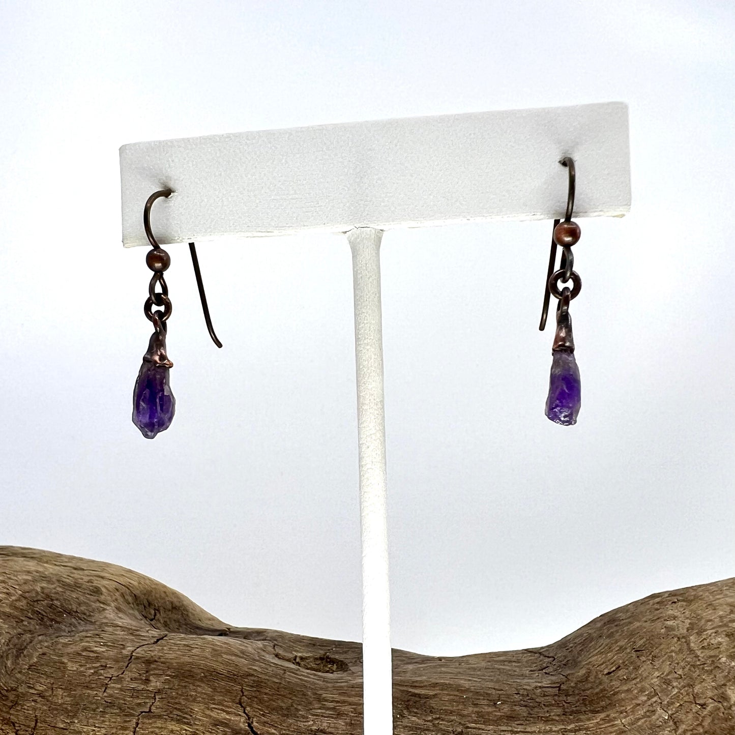 Amethyst Drop Earrings, Antique Finish - Copper Electroformed