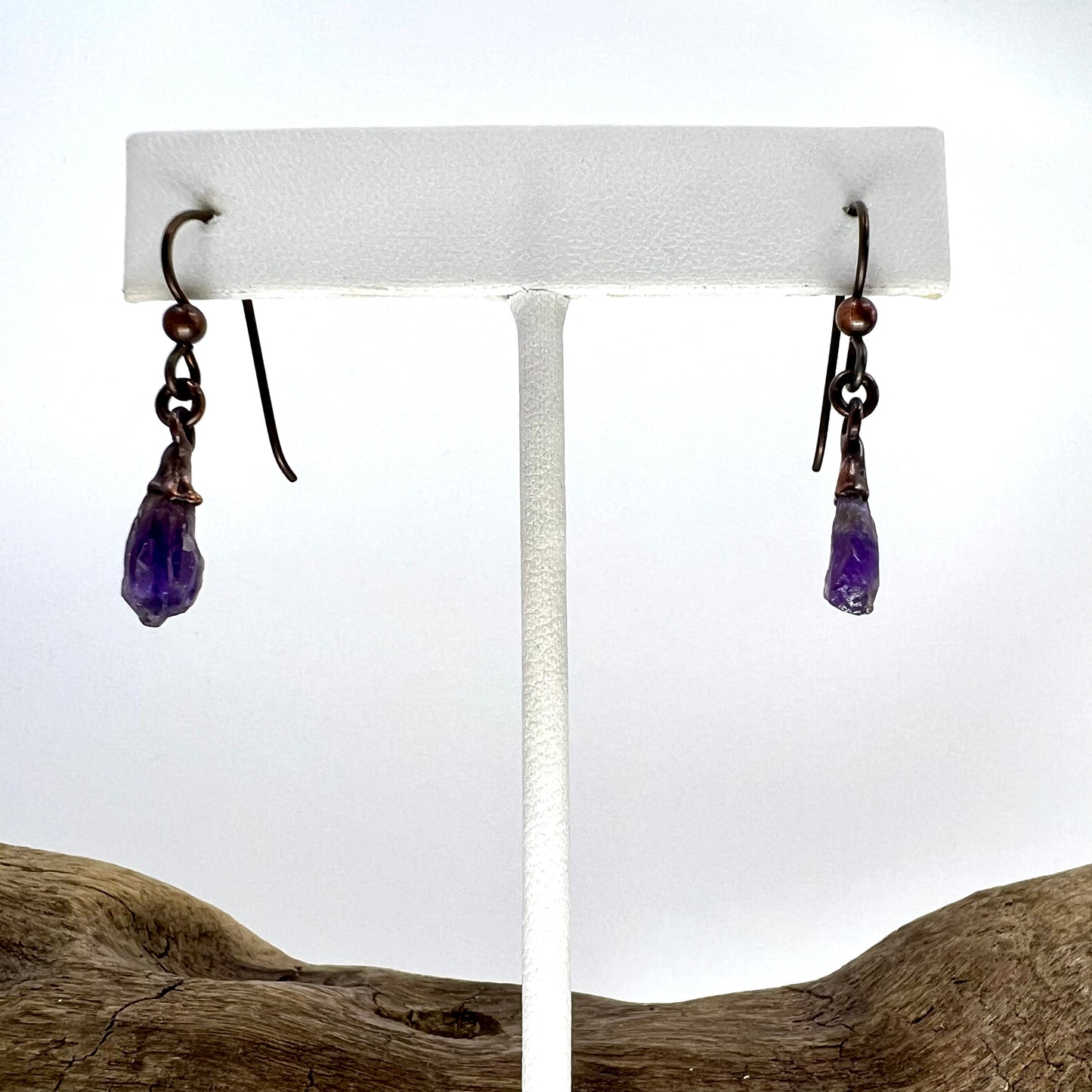 Amethyst Drop Earrings, Antique Finish - Copper Electroformed