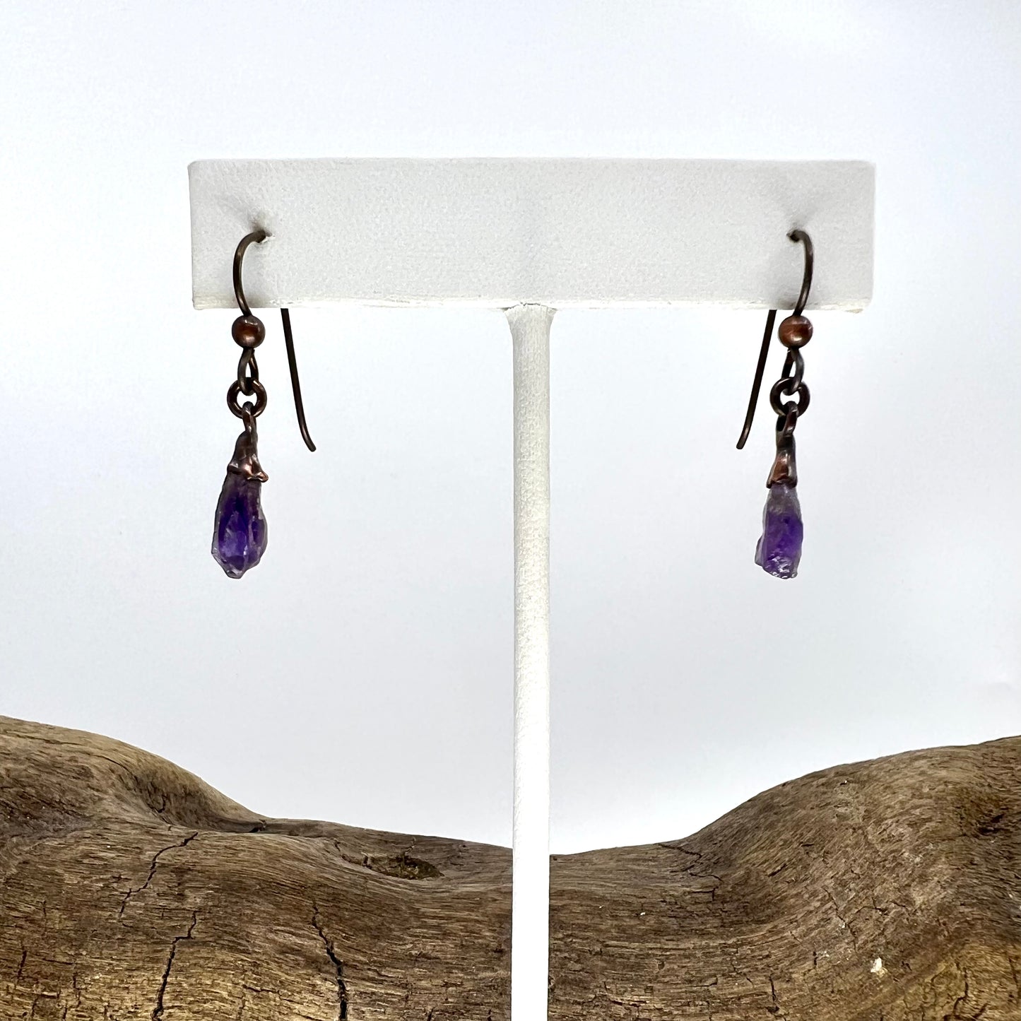 Amethyst Drop Earrings, Antique Finish - Copper Electroformed