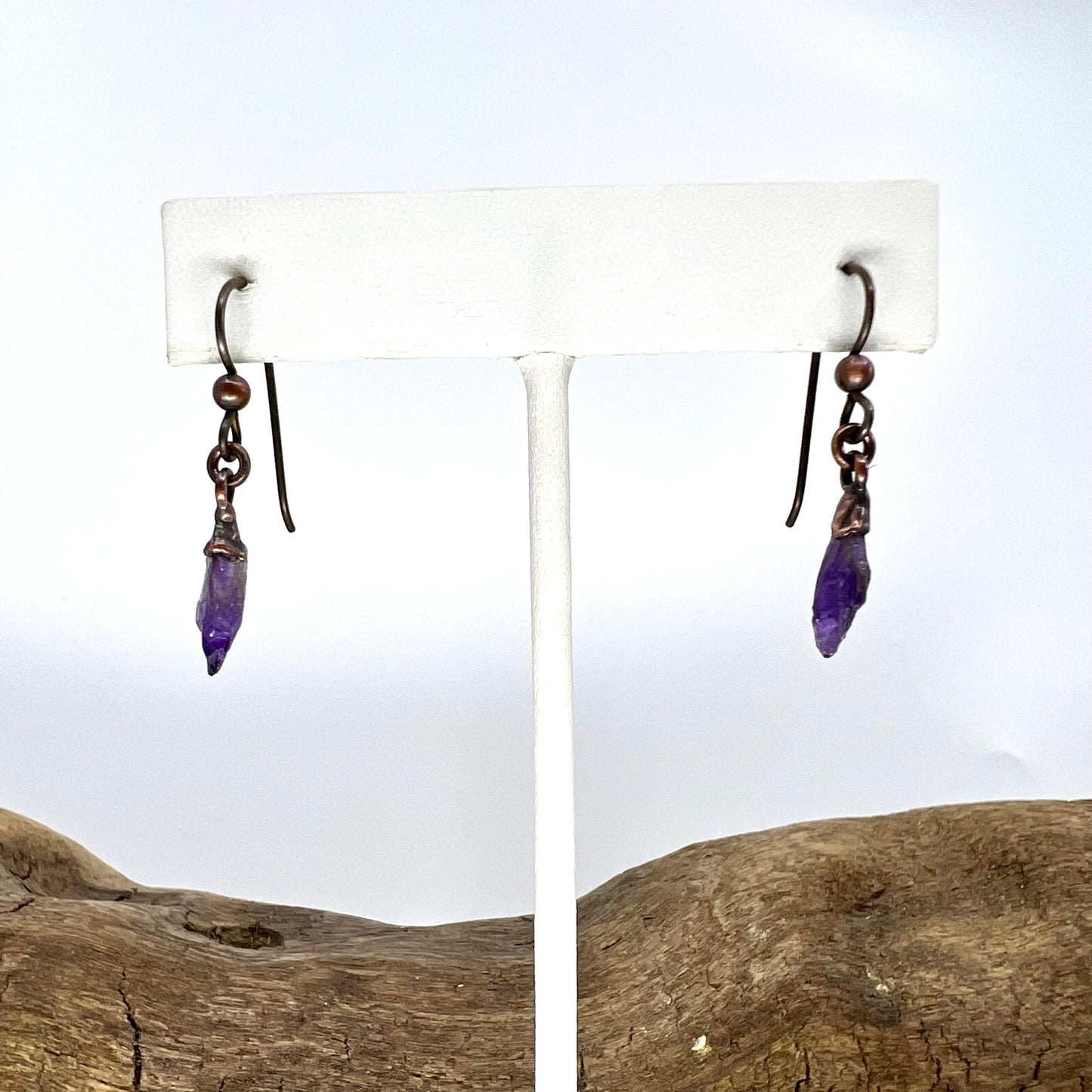 Amethyst Drop Earrings, Antique Finish - Copper Electroformed