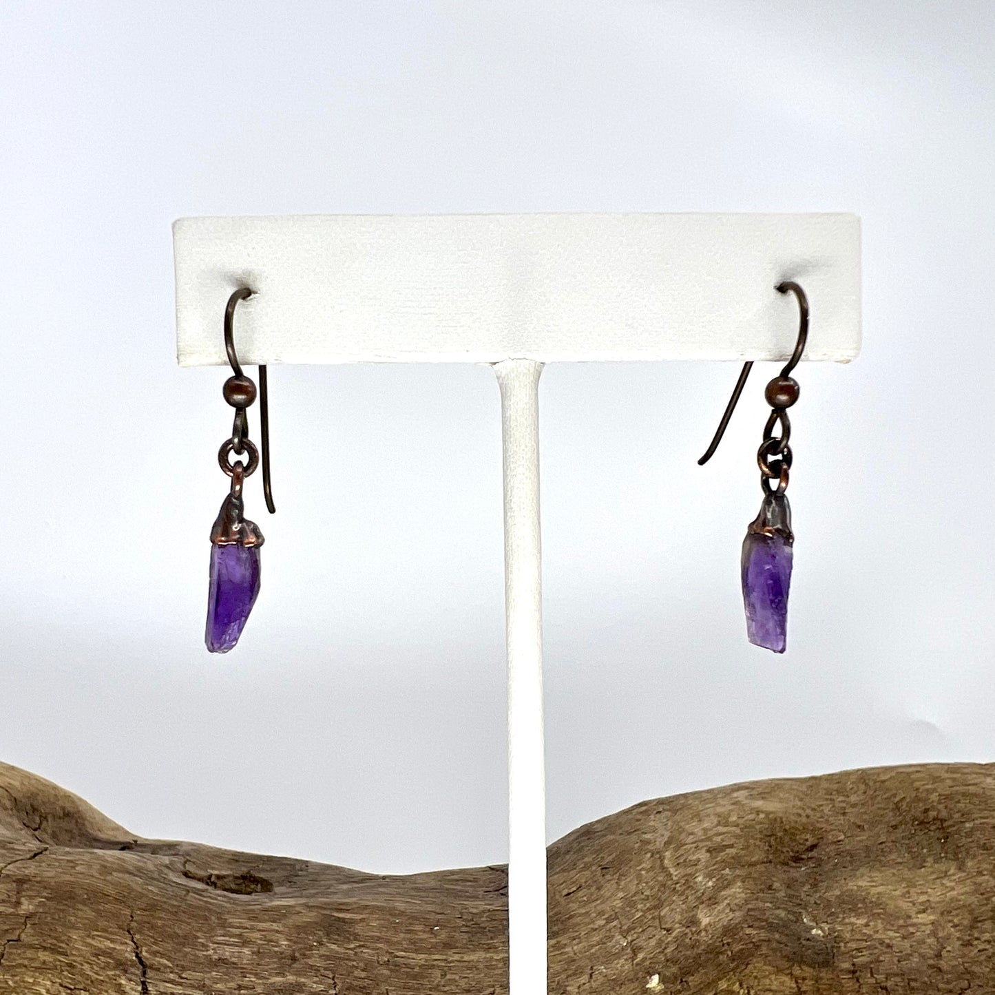 Amethyst Drop Earrings, Antique Finish - Copper Electroformed