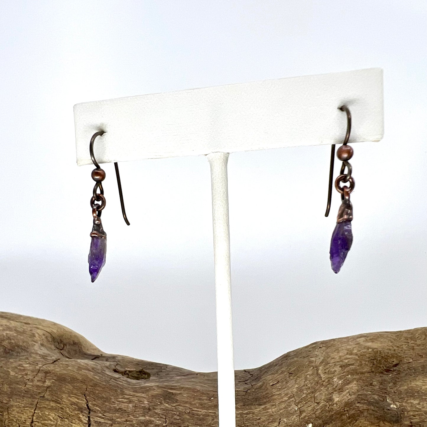 Amethyst Drop Earrings, Antique Finish - Copper Electroformed