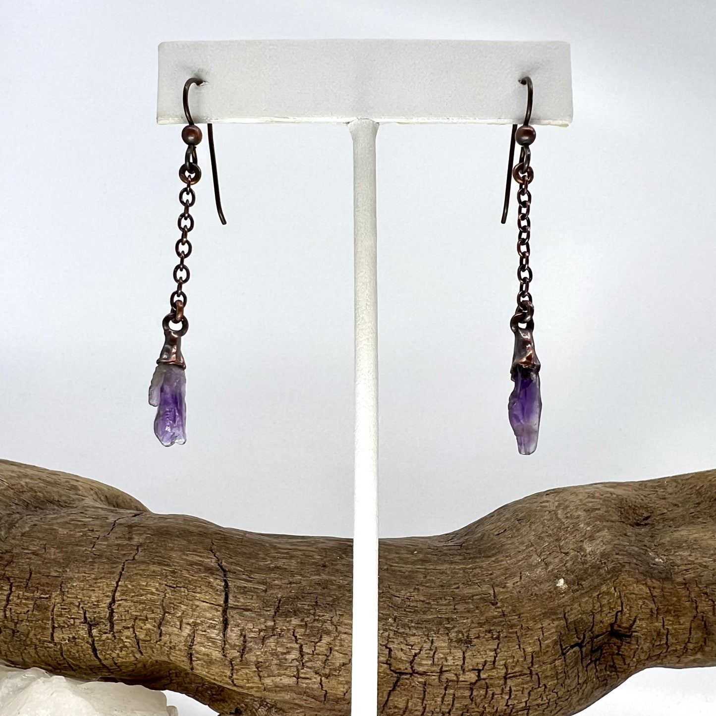 Amethyst Dangle Earrings, Antique Finish - Copper Electroformed