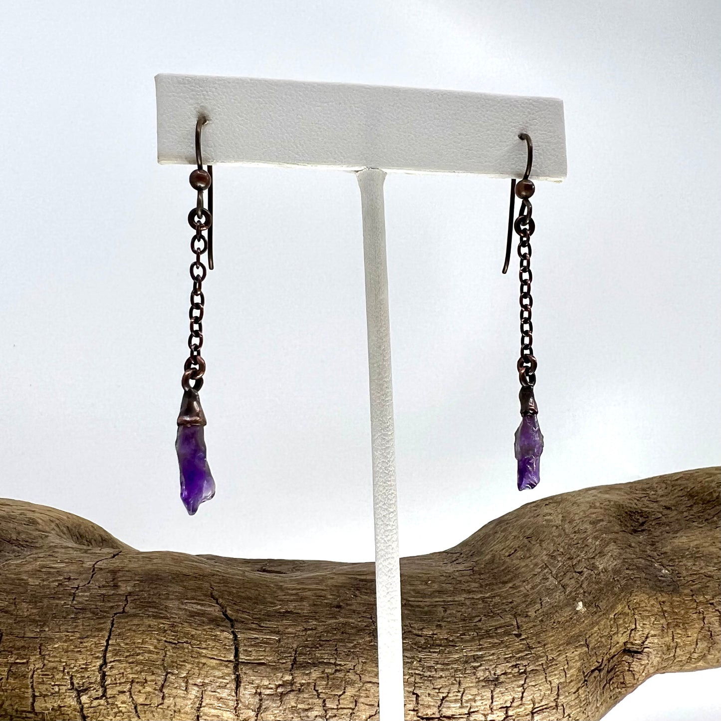 Amethyst Dangle Earrings, Antique Finish - Copper Electroformed