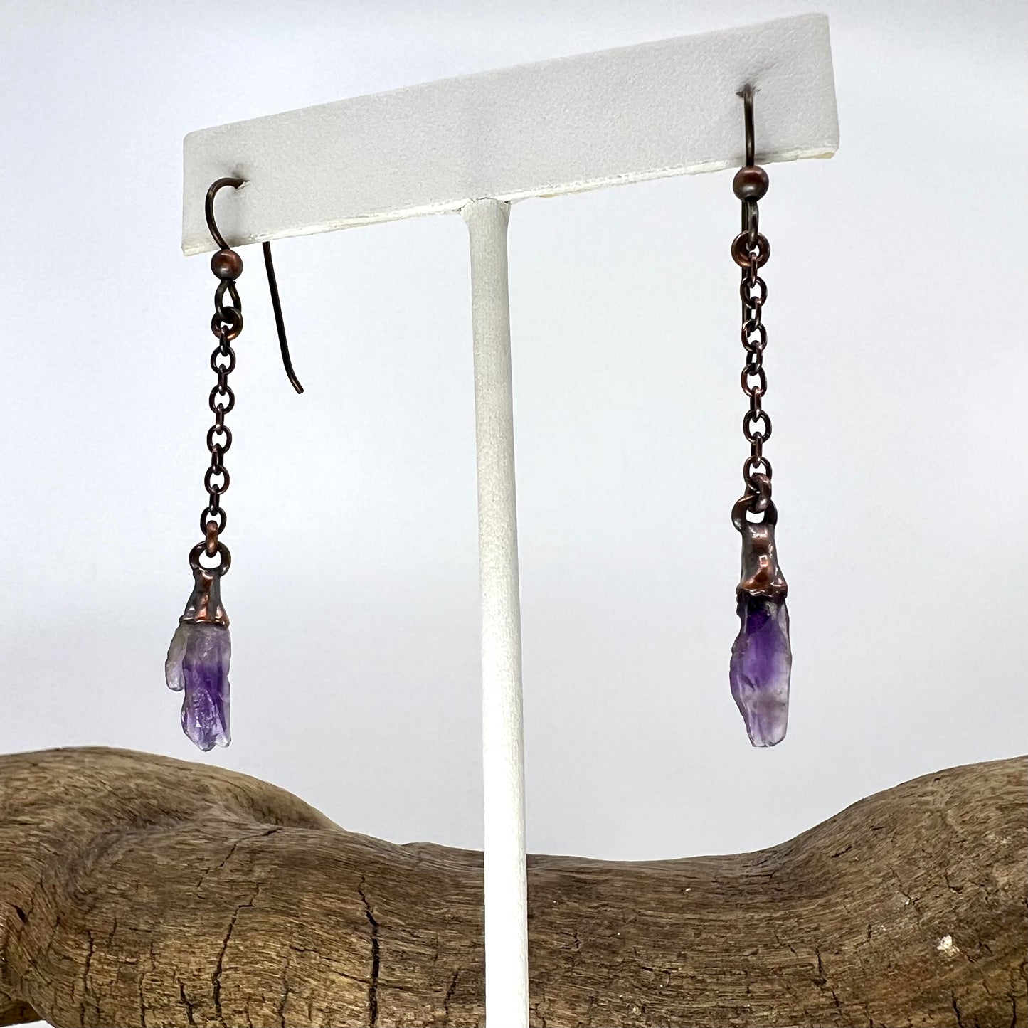 Amethyst Dangle Earrings, Antique Finish - Copper Electroformed