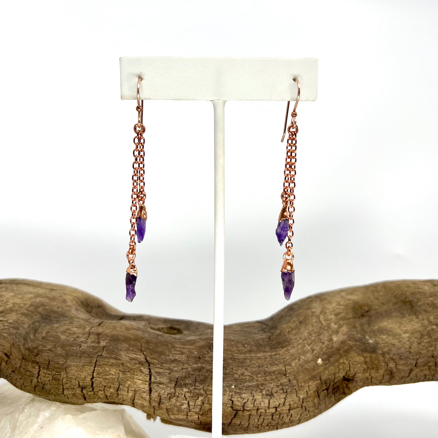 Amethyst Double Strand Dangle Earrings - Copper Electroformed