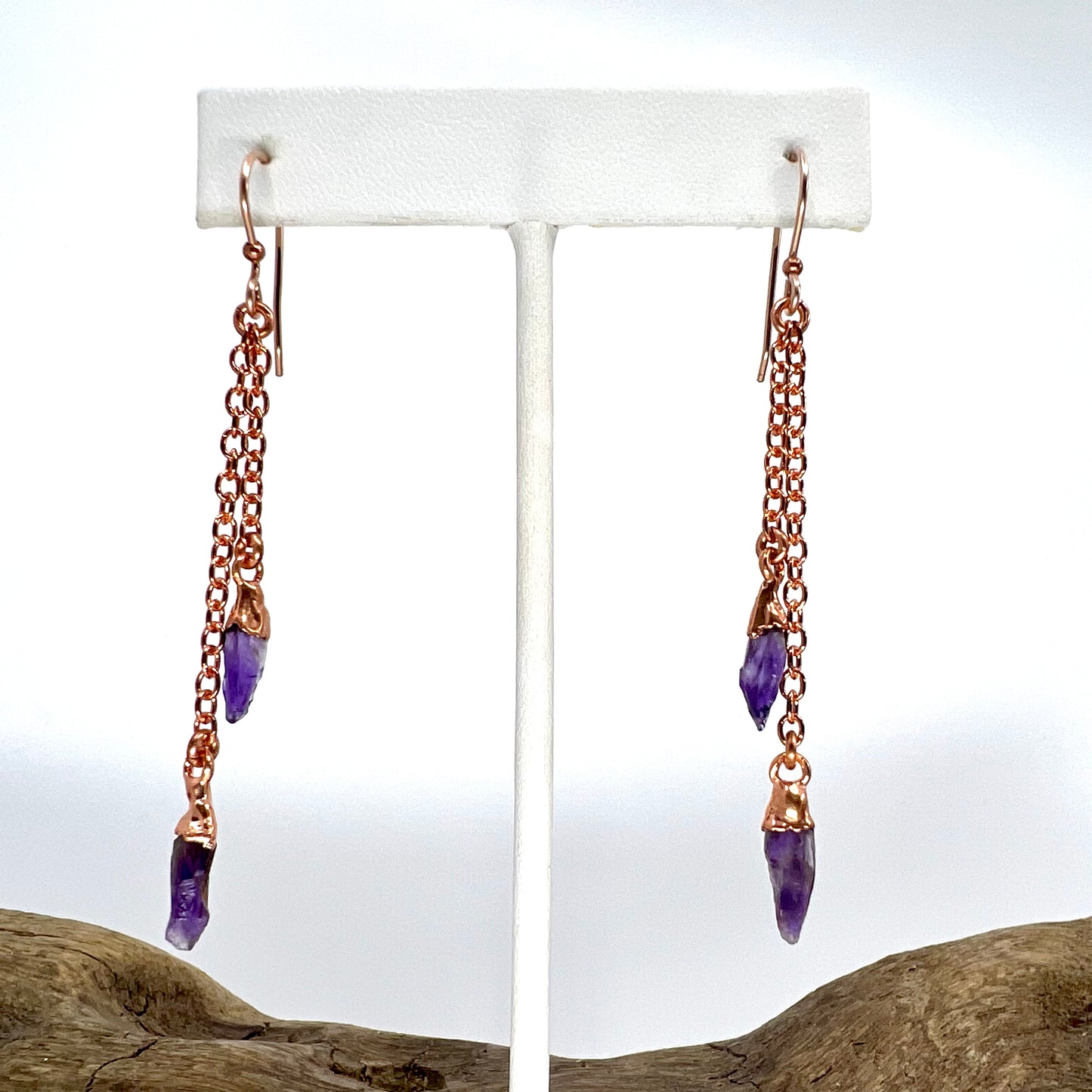 Amethyst Double Strand Dangle Earrings - Copper Electroformed