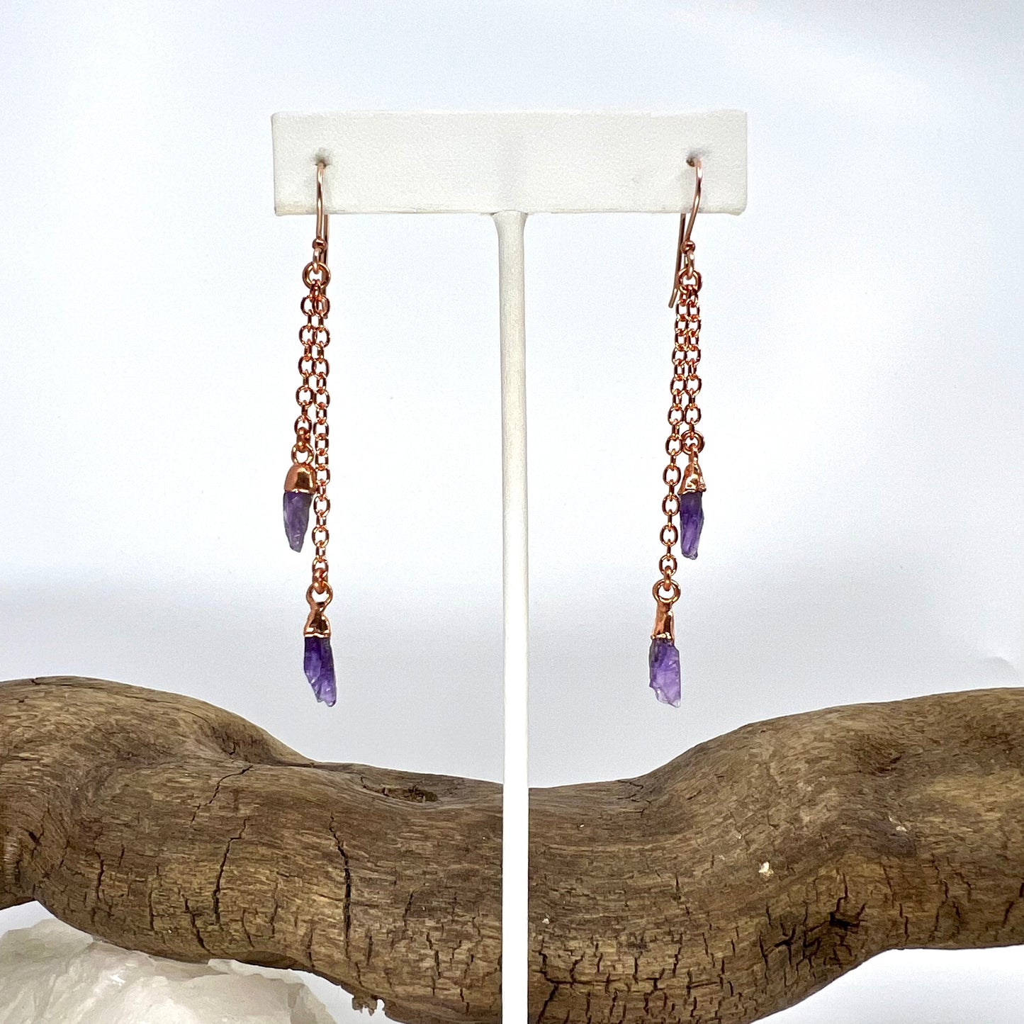 Amethyst Double Strand Dangle Earrings - Copper Electroformed