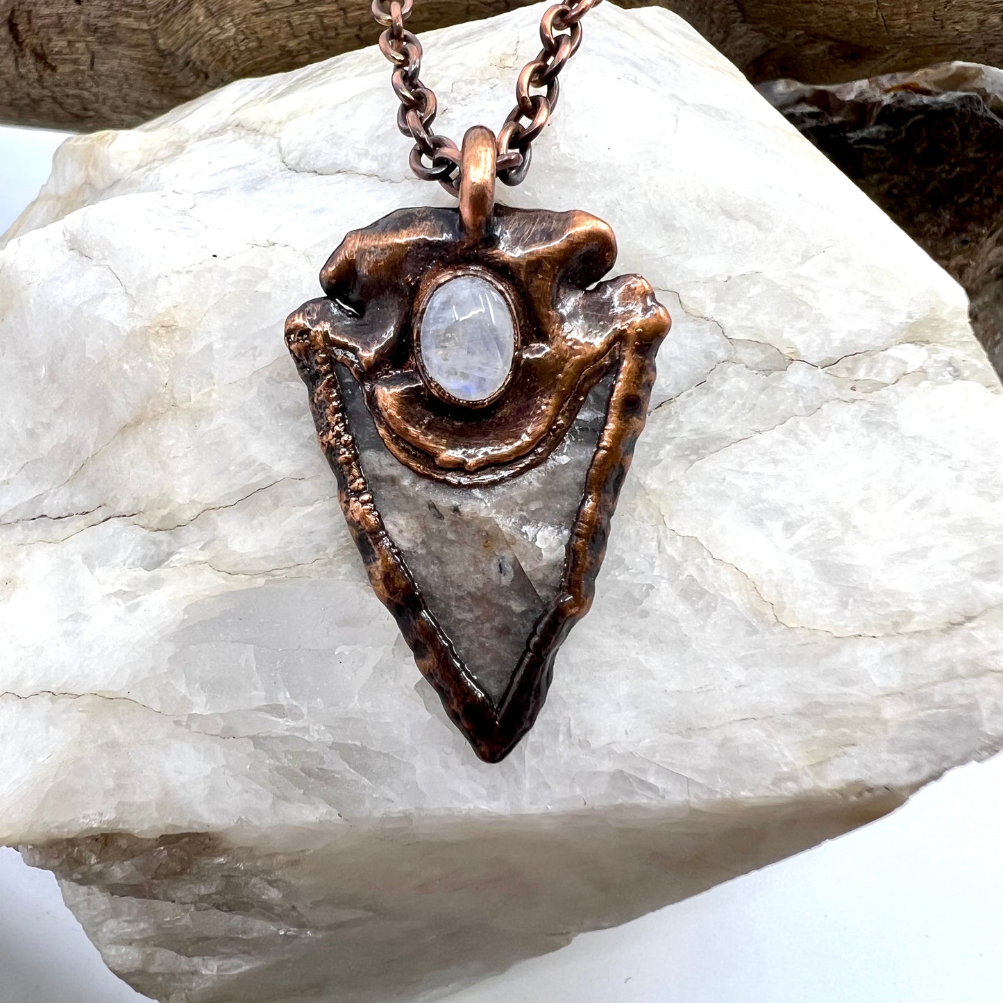 Arrowhead with Moonstone Accent - Copper Electroformed Necklace