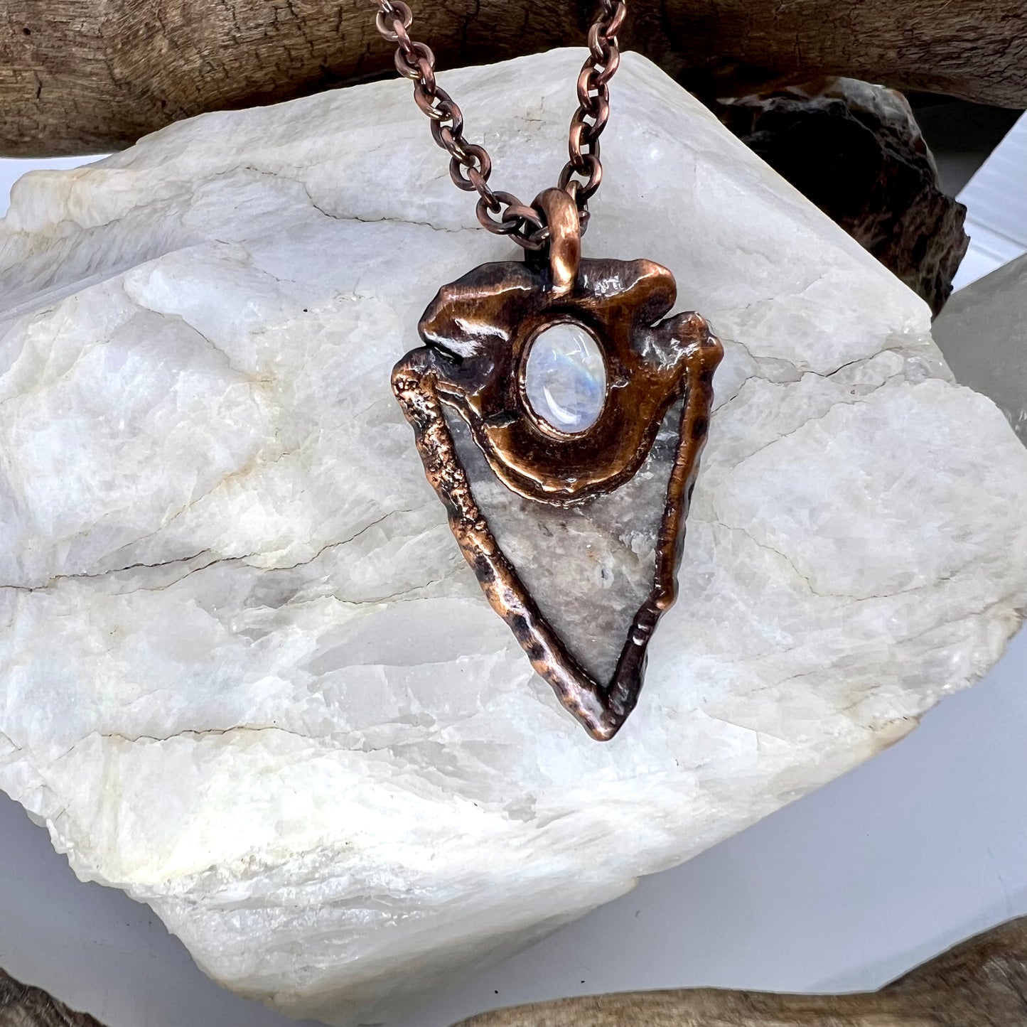 Arrowhead with Moonstone Accent - Copper Electroformed Necklace