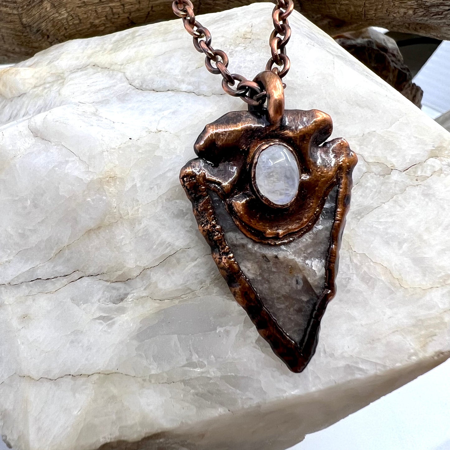 Arrowhead with Moonstone Accent - Copper Electroformed Necklace