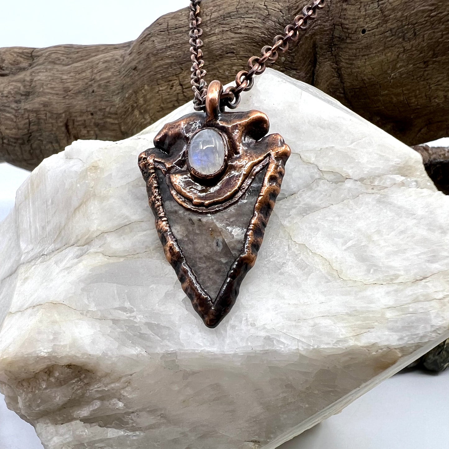 Arrowhead with Moonstone Accent - Copper Electroformed Necklace