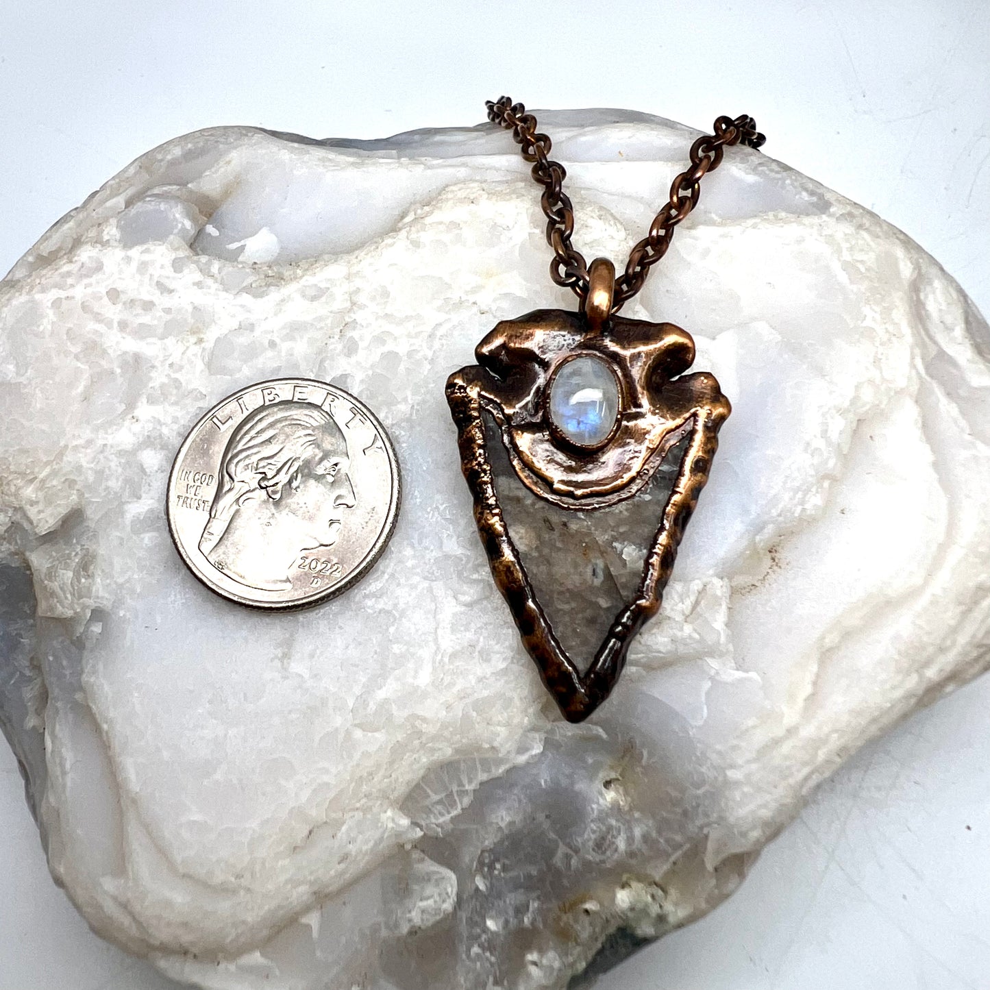 Arrowhead with Moonstone Accent - Copper Electroformed Necklace