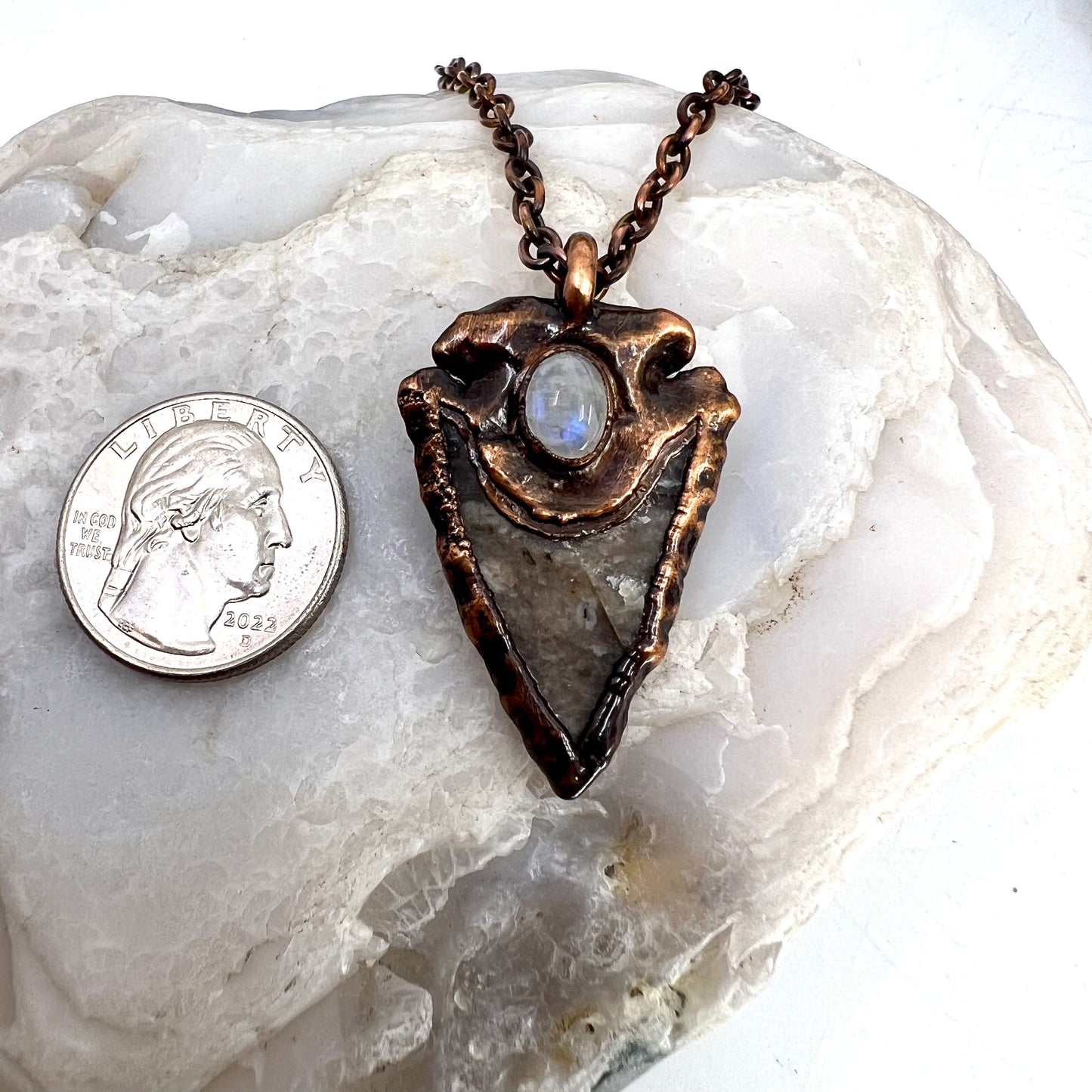 Arrowhead with Moonstone Accent - Copper Electroformed Necklace