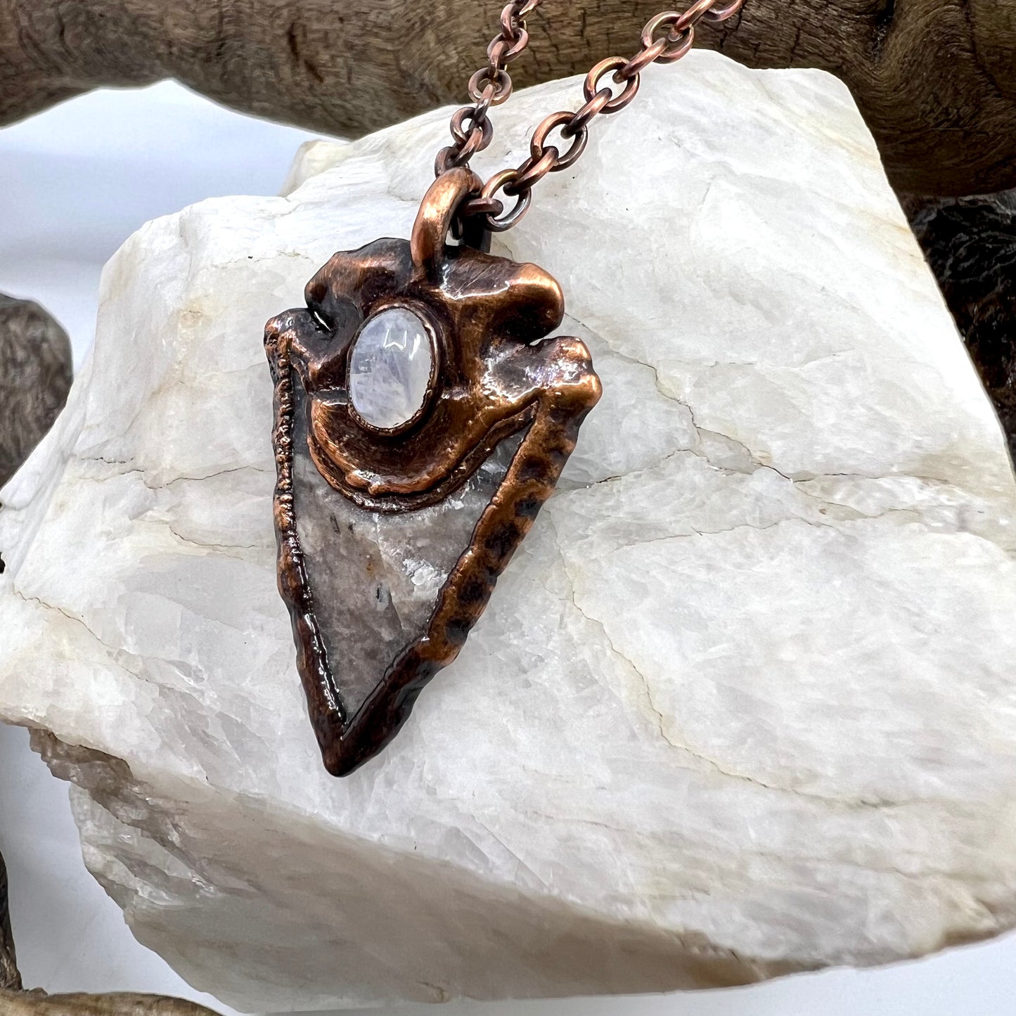 Arrowhead with Moonstone Accent - Copper Electroformed Necklace