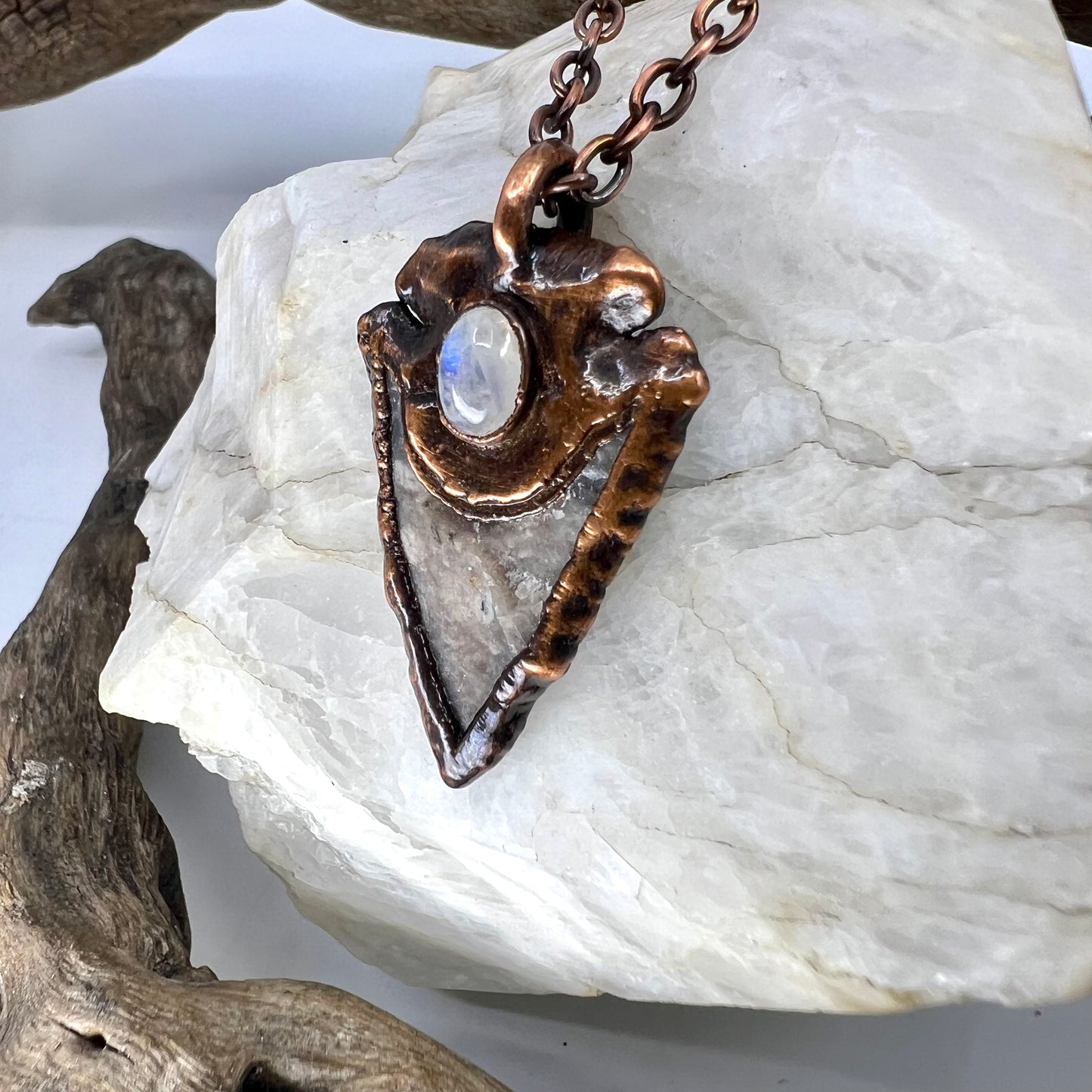 Arrowhead with Moonstone Accent - Copper Electroformed Necklace