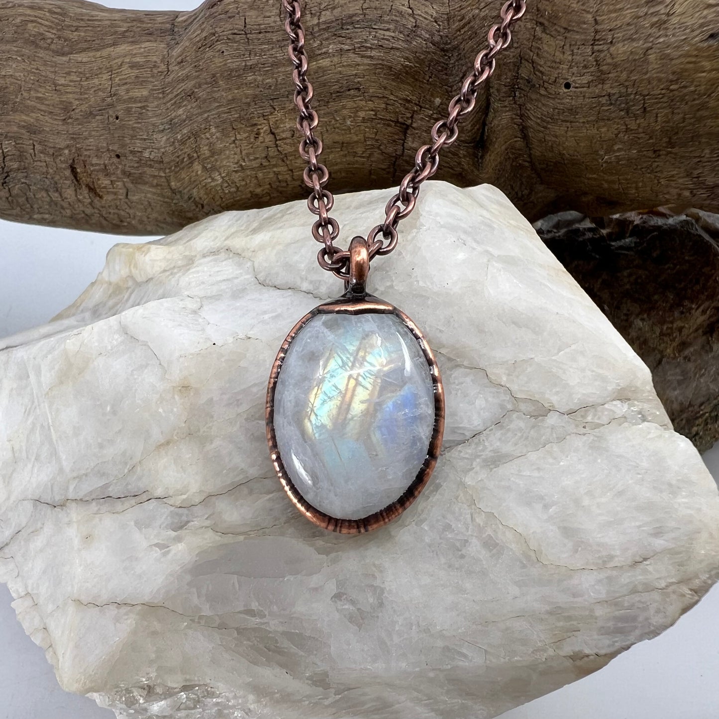 Rainbow Moonstone Necklace - Copper Electroformed