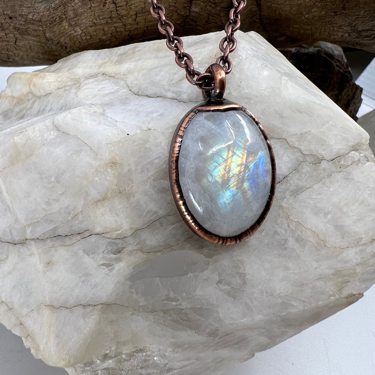 Rainbow Moonstone Necklace - Copper Electroformed