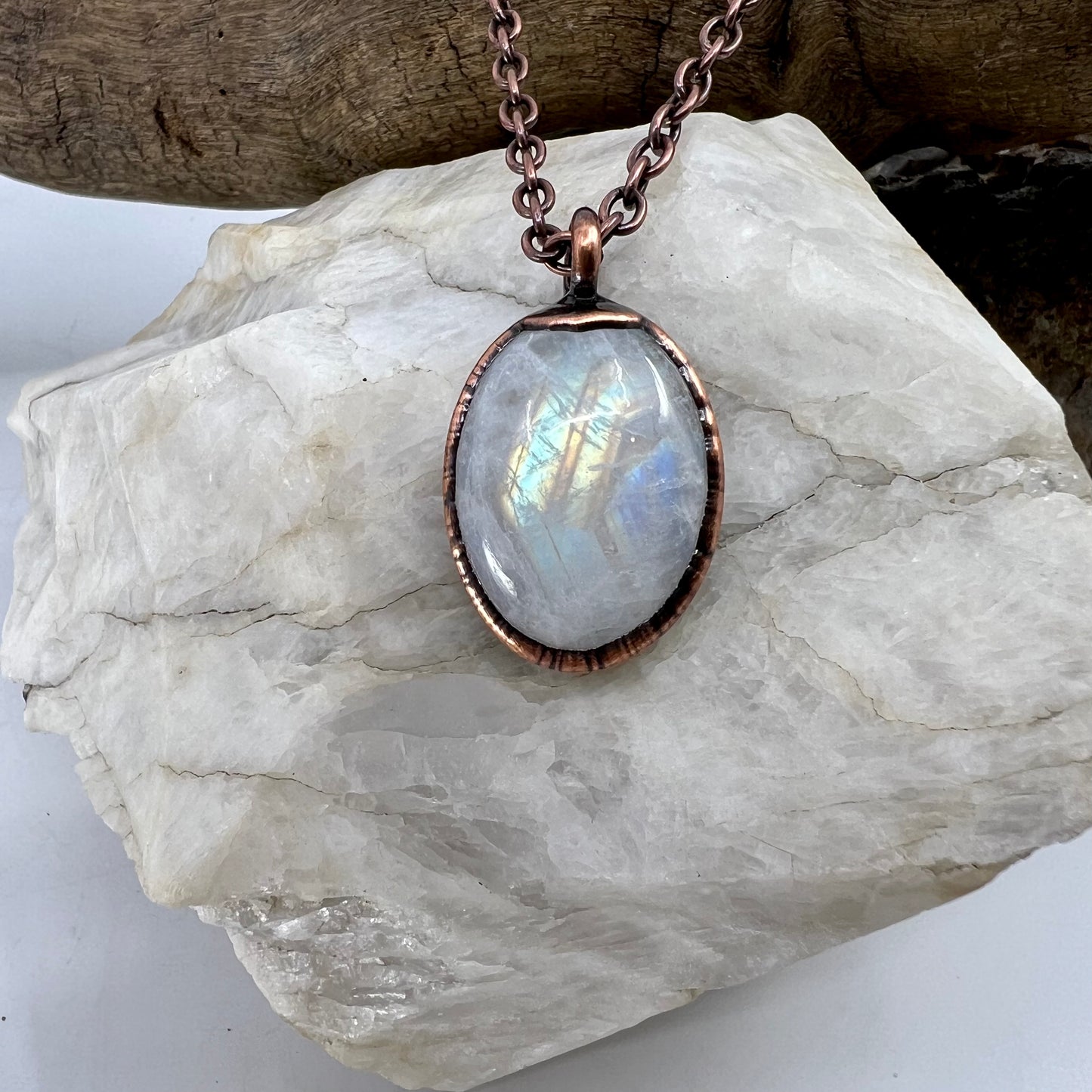 Rainbow Moonstone Necklace - Copper Electroformed