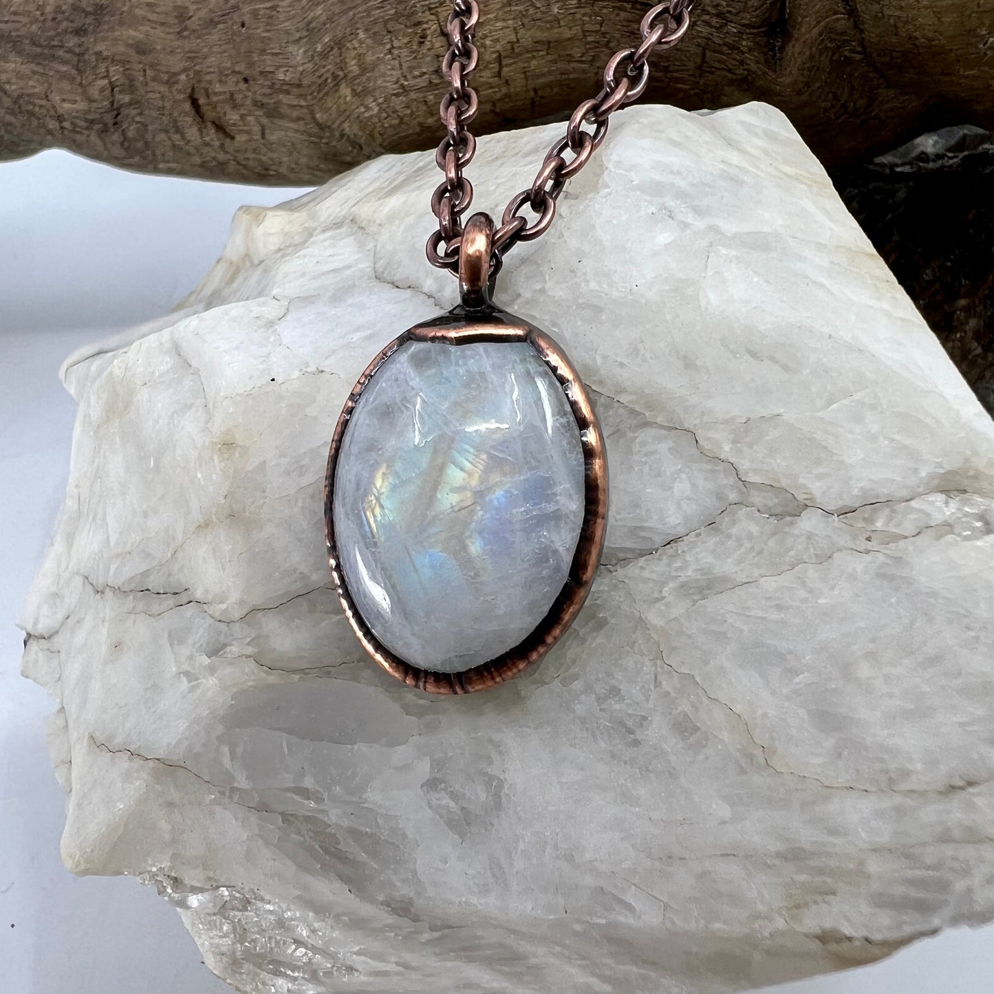 Rainbow Moonstone Necklace - Copper Electroformed