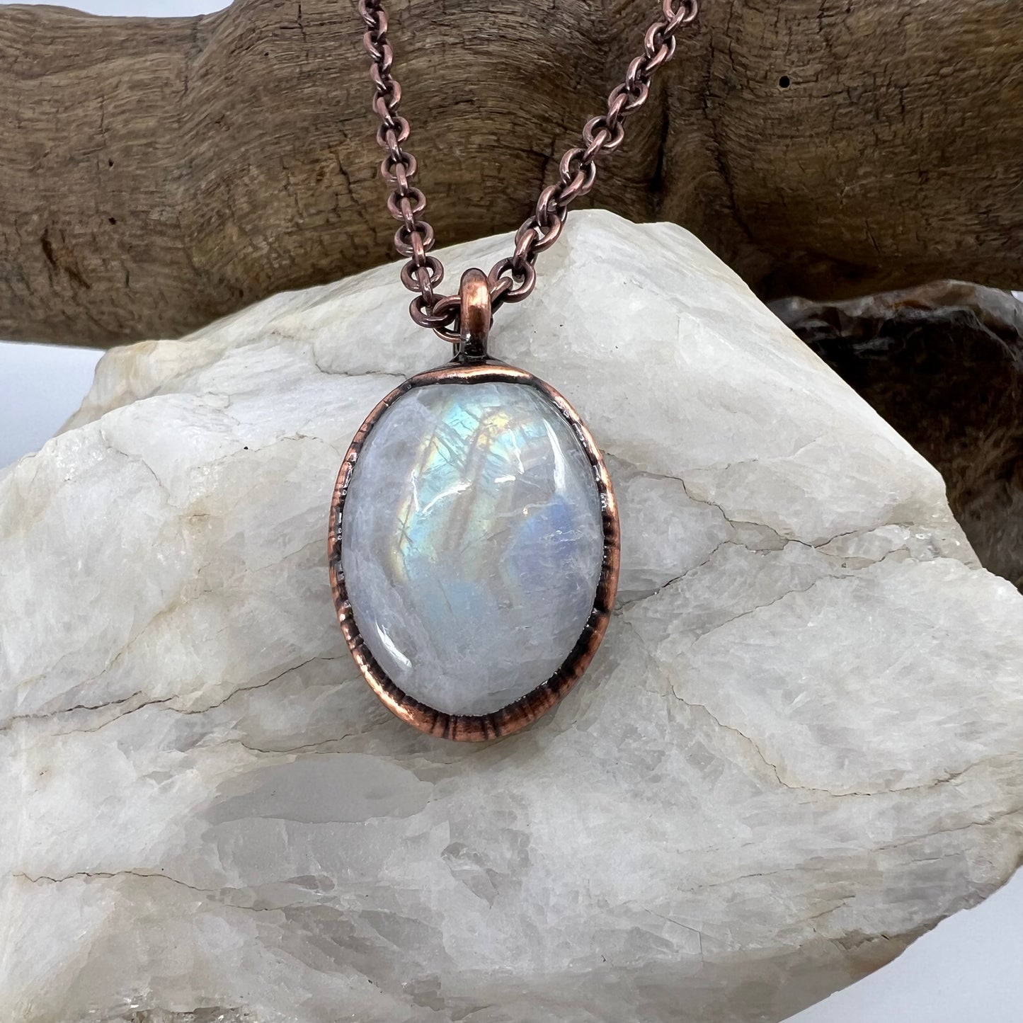 Rainbow Moonstone Necklace - Copper Electroformed