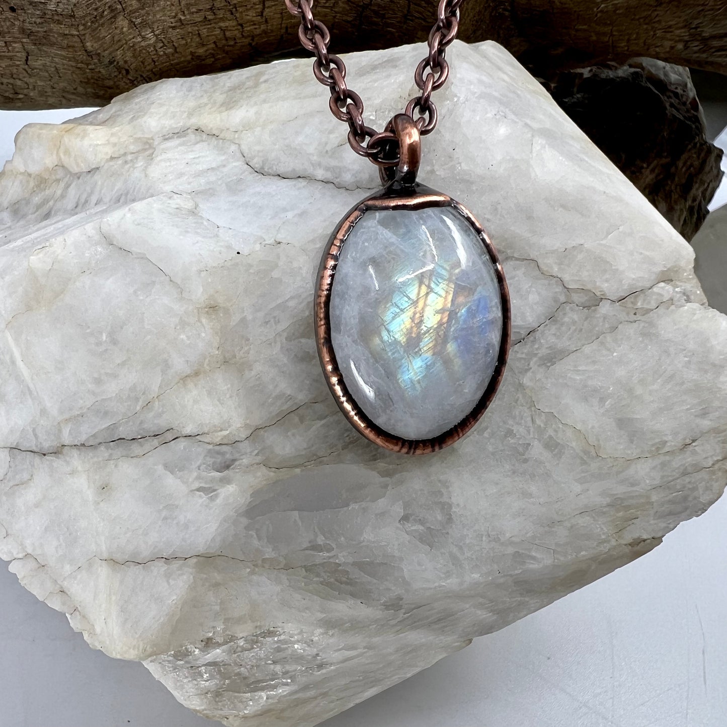 Rainbow Moonstone Necklace - Copper Electroformed