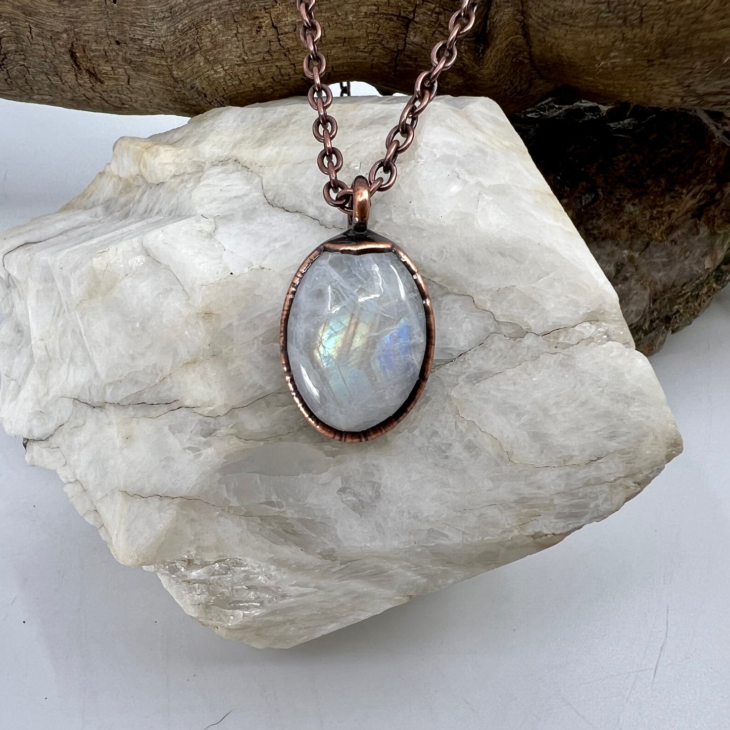 Rainbow Moonstone Necklace - Copper Electroformed