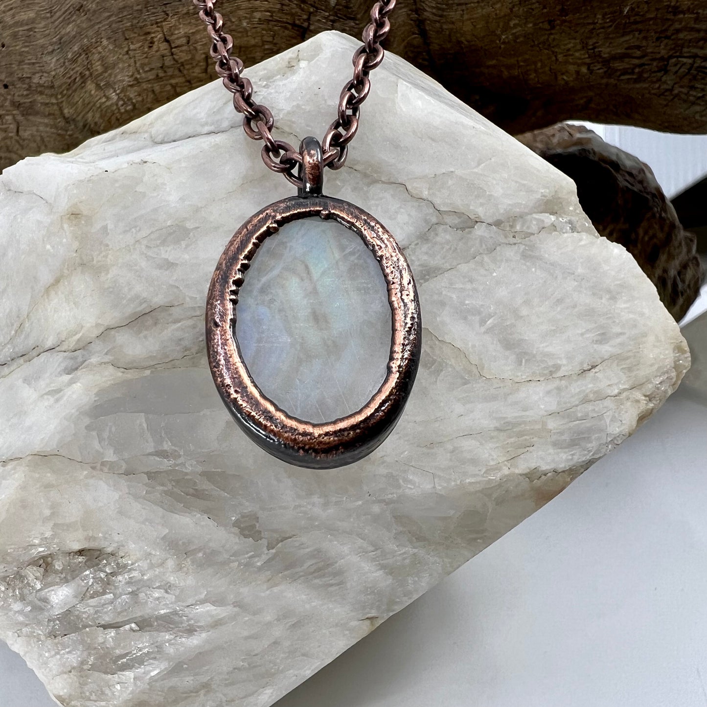 Rainbow Moonstone Necklace - Copper Electroformed