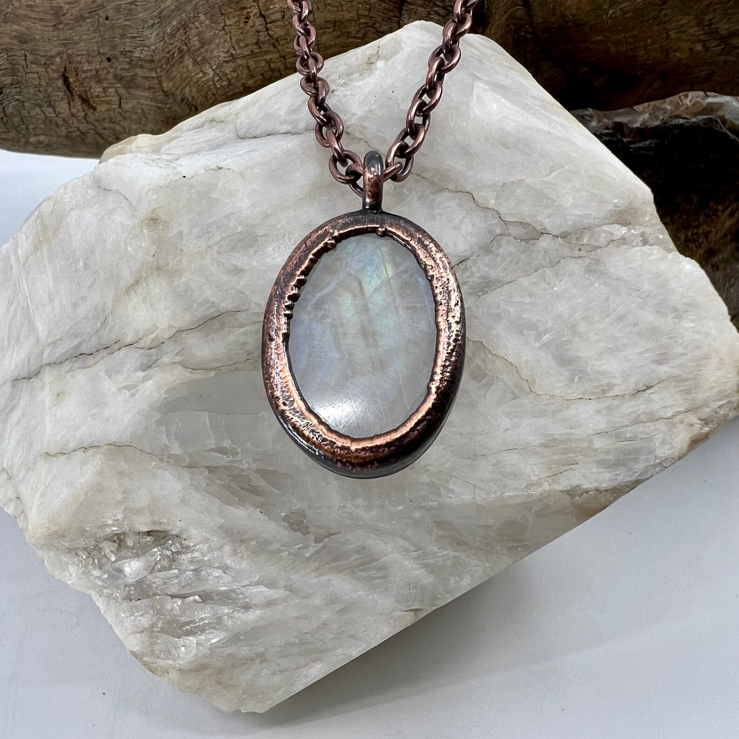 Rainbow Moonstone Necklace - Copper Electroformed