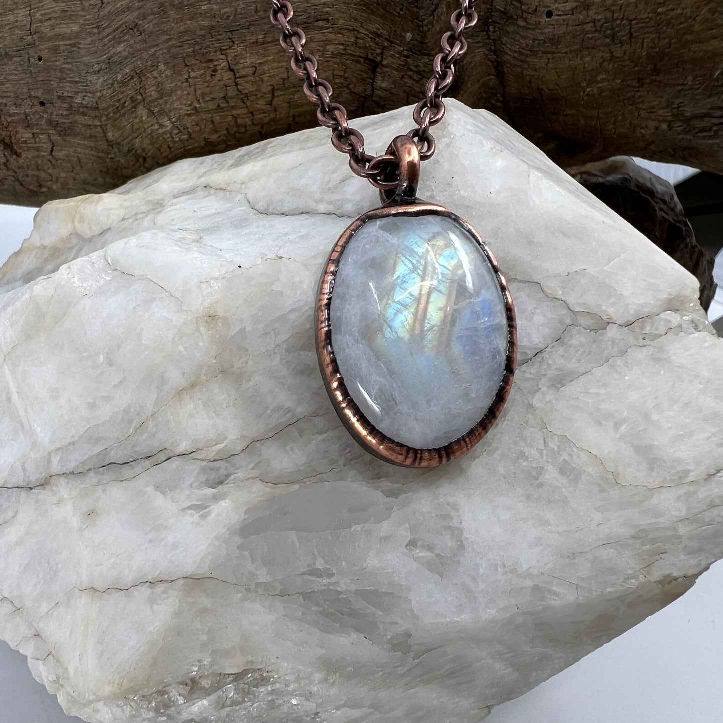 Rainbow Moonstone Necklace - Copper Electroformed