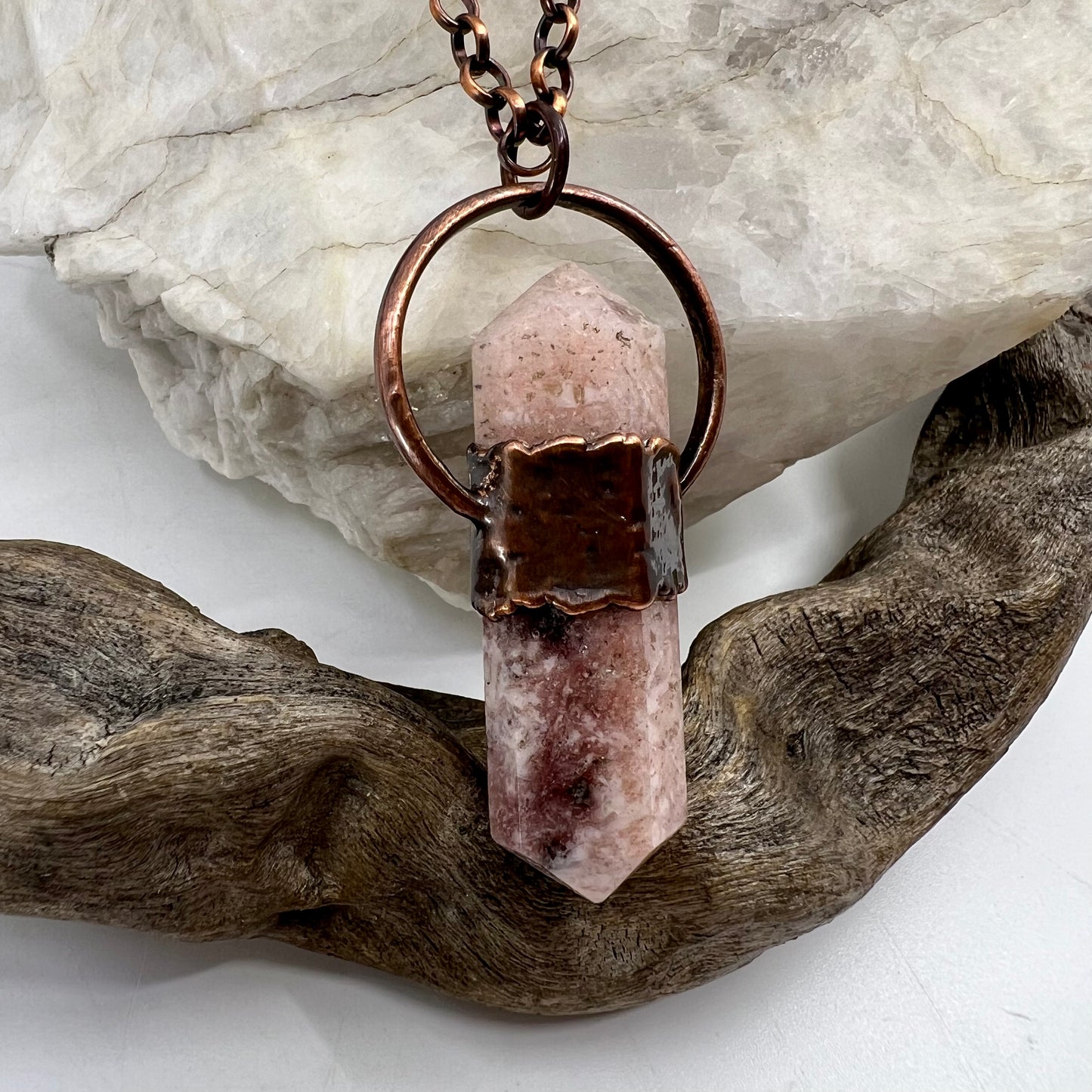 Double Terminated Pink Amethyst Necklace - Copper Electroformed