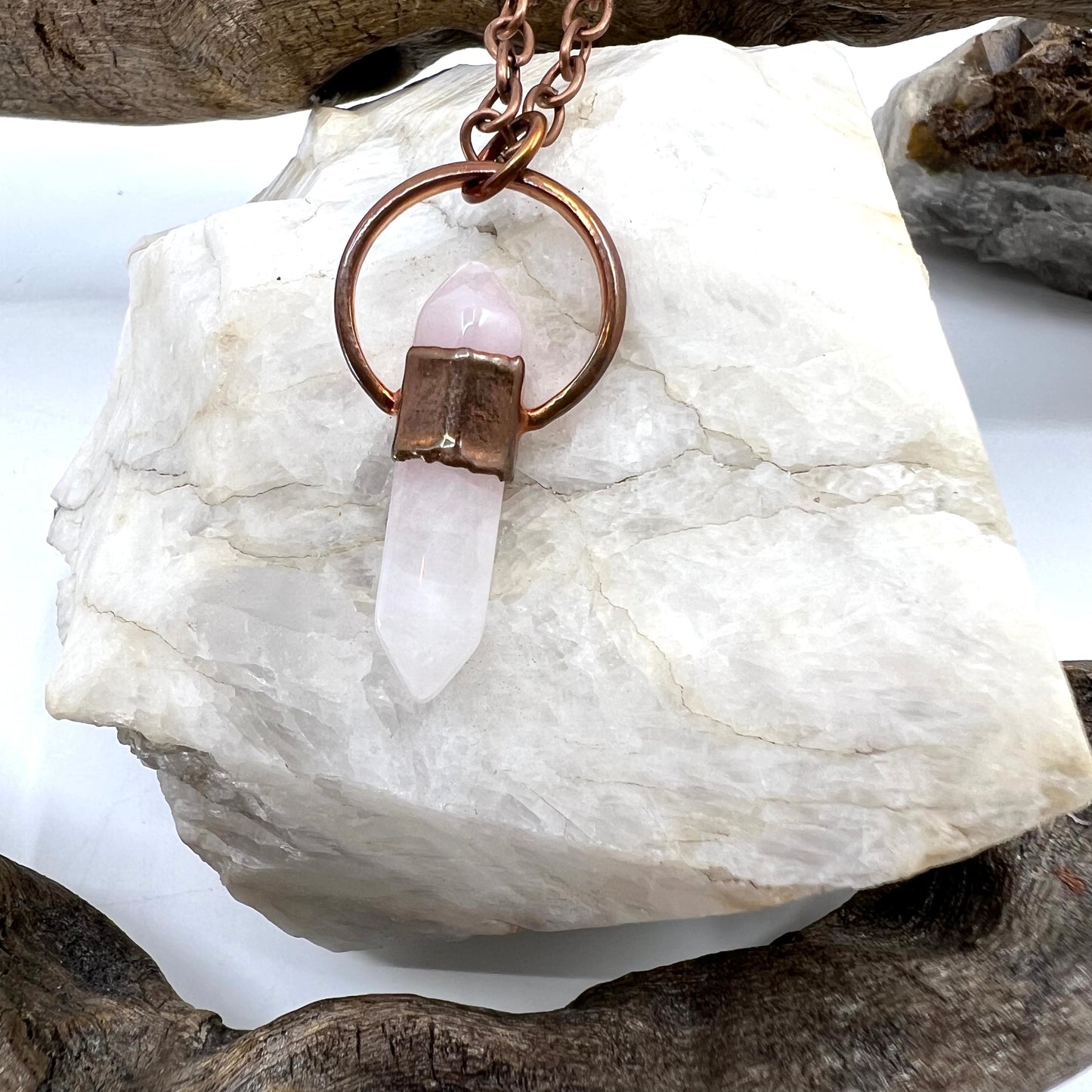 Double Terminated Rose Quartz Necklace - "B" Quality - Copper Electroformed